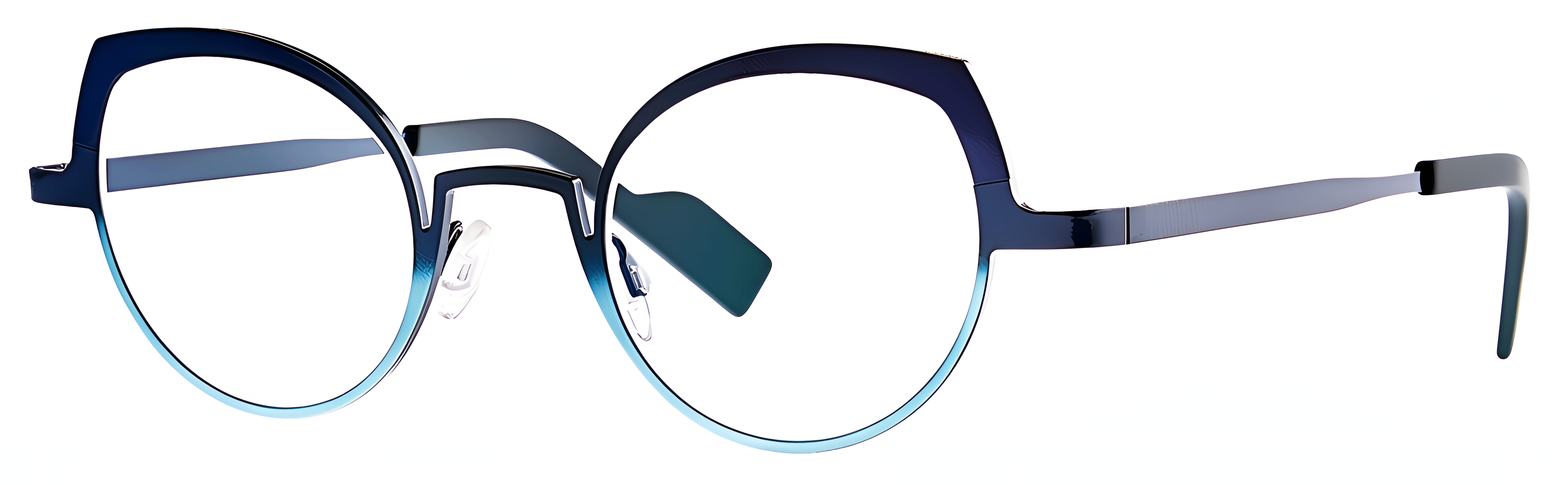 Cat-eye titanium eyeglasses in deep navy and turquoise blue with rounded lower rims and a dark bridge.