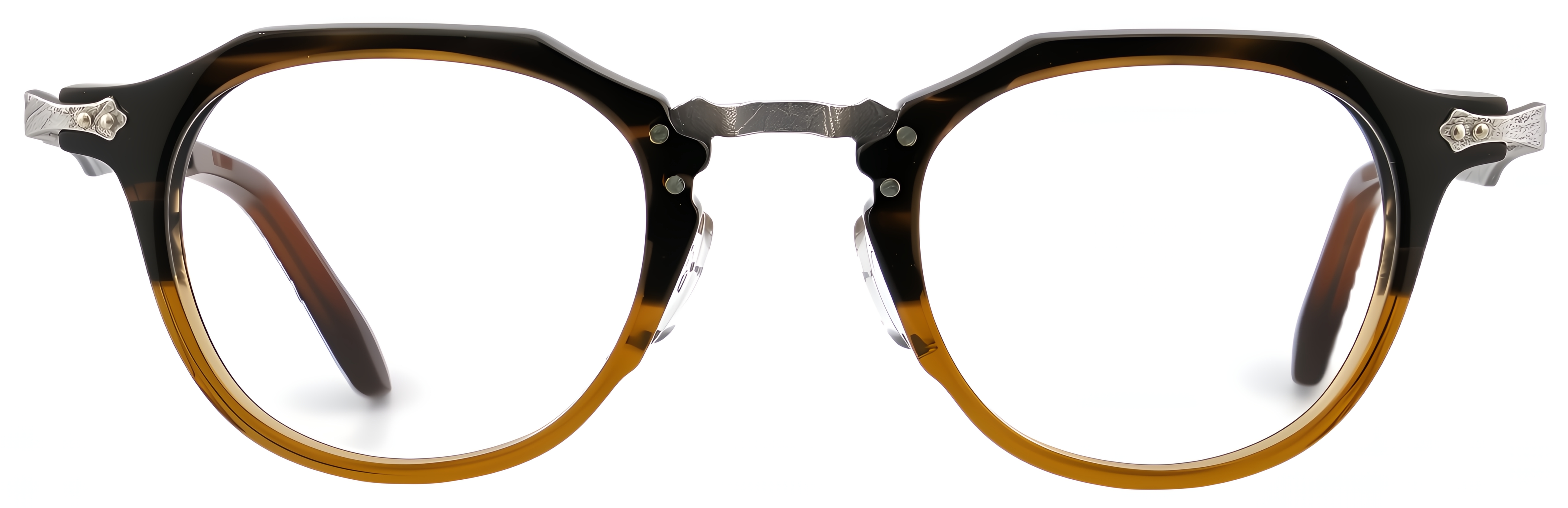 Bronze tortoise and translucent brown acetate glasses with pearlescent Damascus steel bridge and temples.