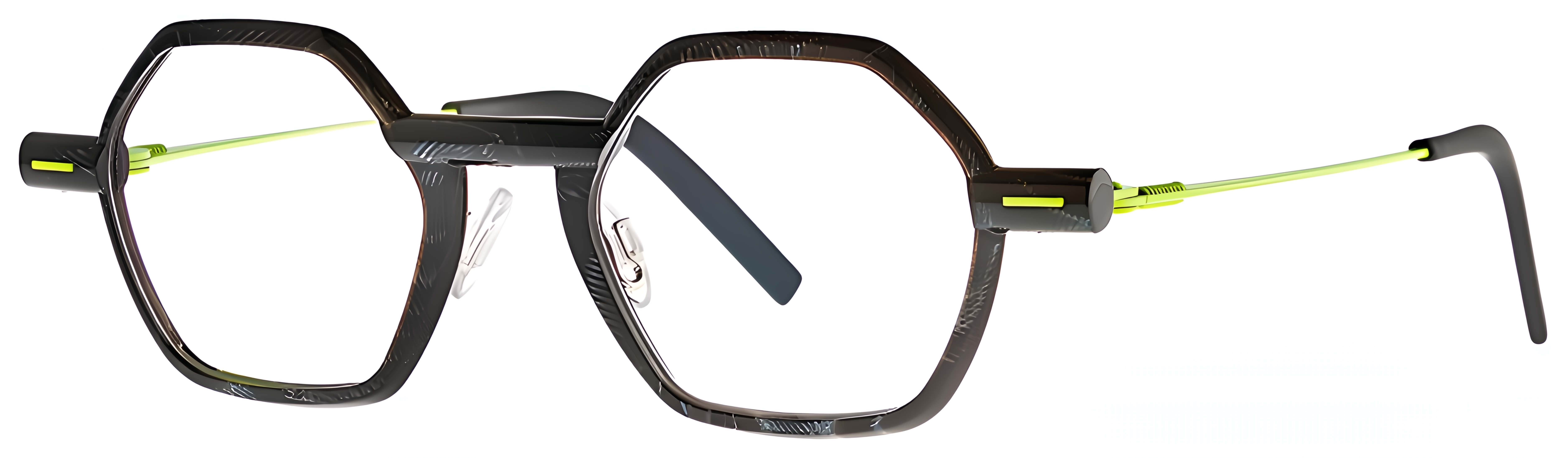 Geometric dark patterned eyeglasses with fluo yellow metal temples, bright accents, and mixed-material design.