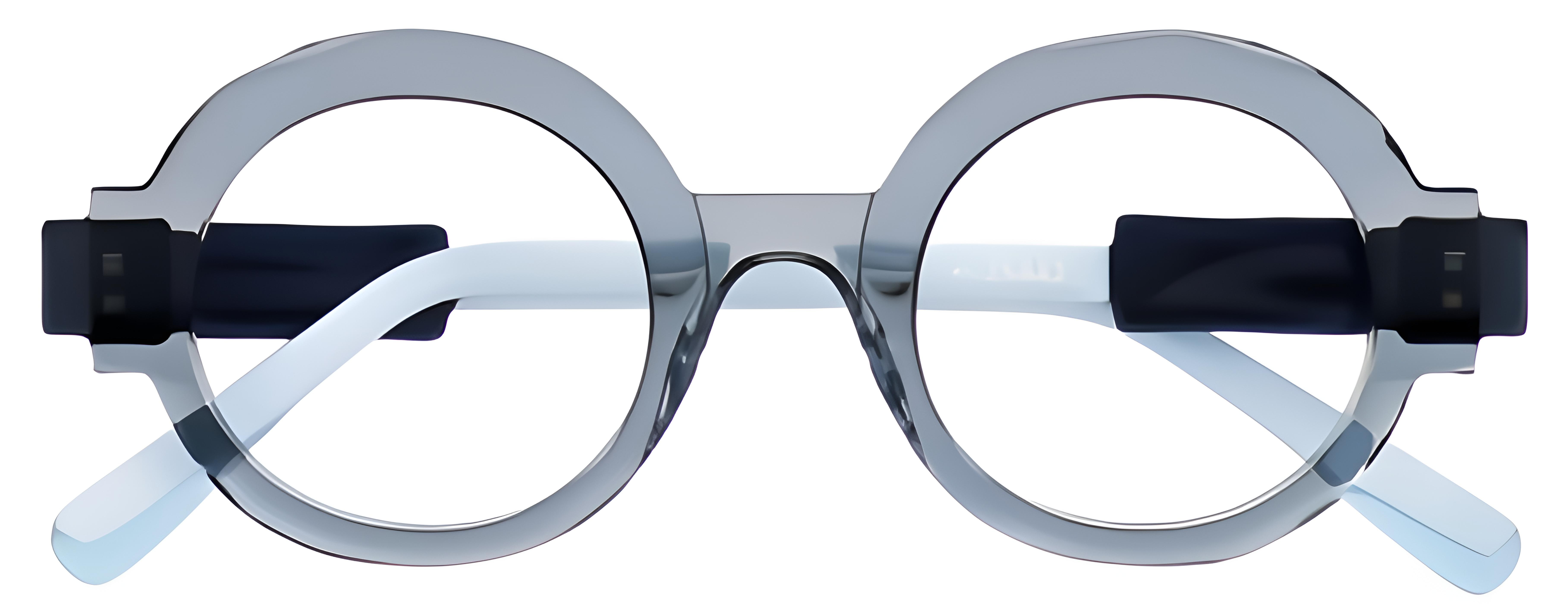 Round blue-gray acetate glasses with sculpted rims, a saddle bridge, navy hinge accents, and pale translucent temples.