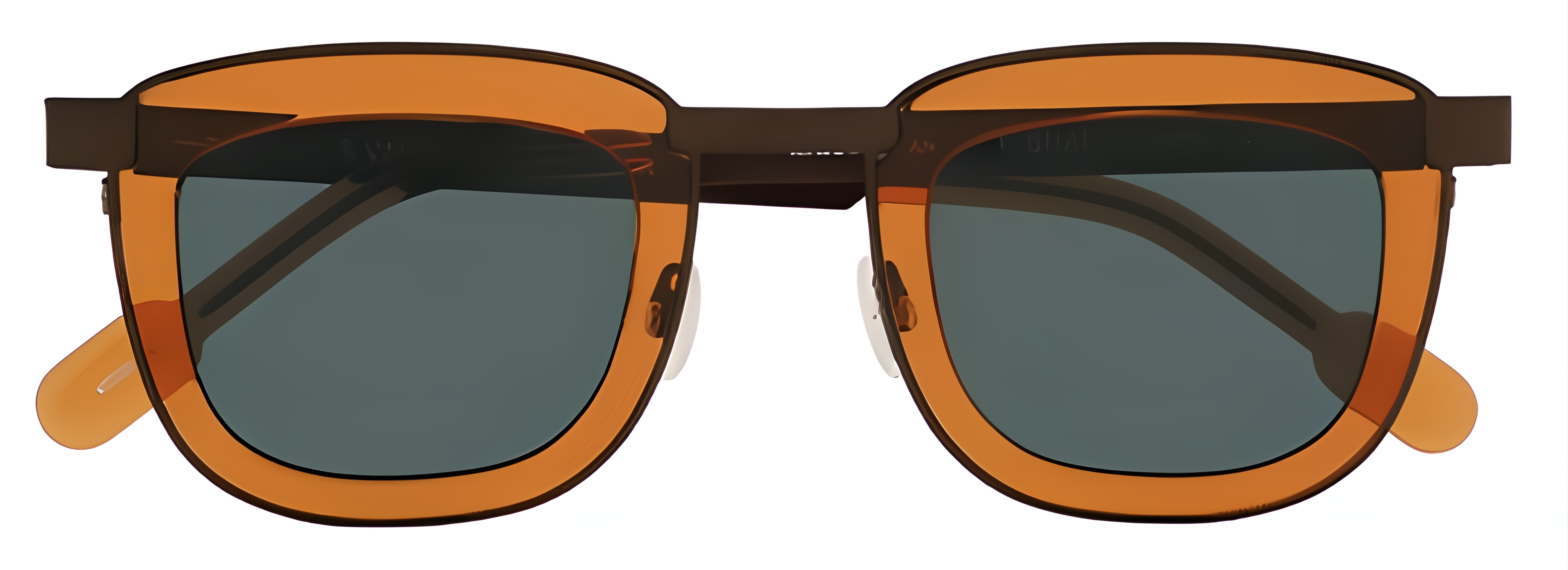 Amber-orange acetate sunglasses with brown metal, gray-green lenses, and softly rectangular rims.