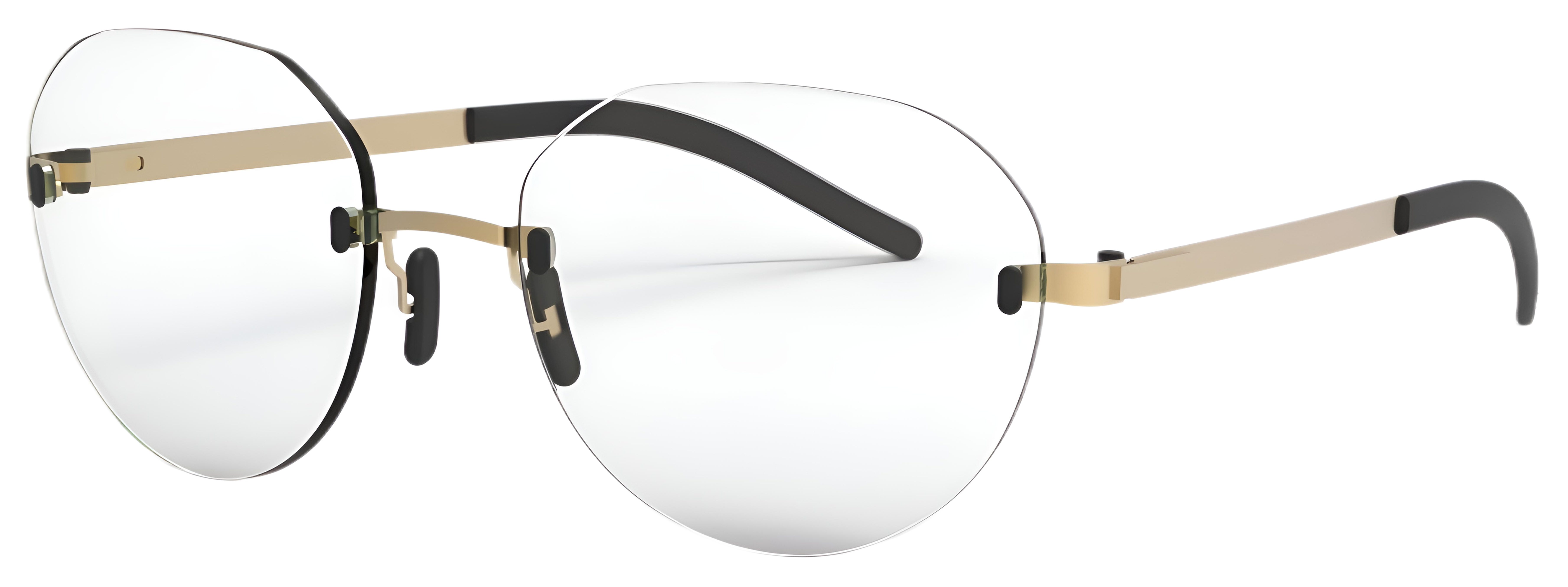 Rimless narrow panto glasses with slim metal details, clear nose pads, rounded lenses, and minimal bridge design.