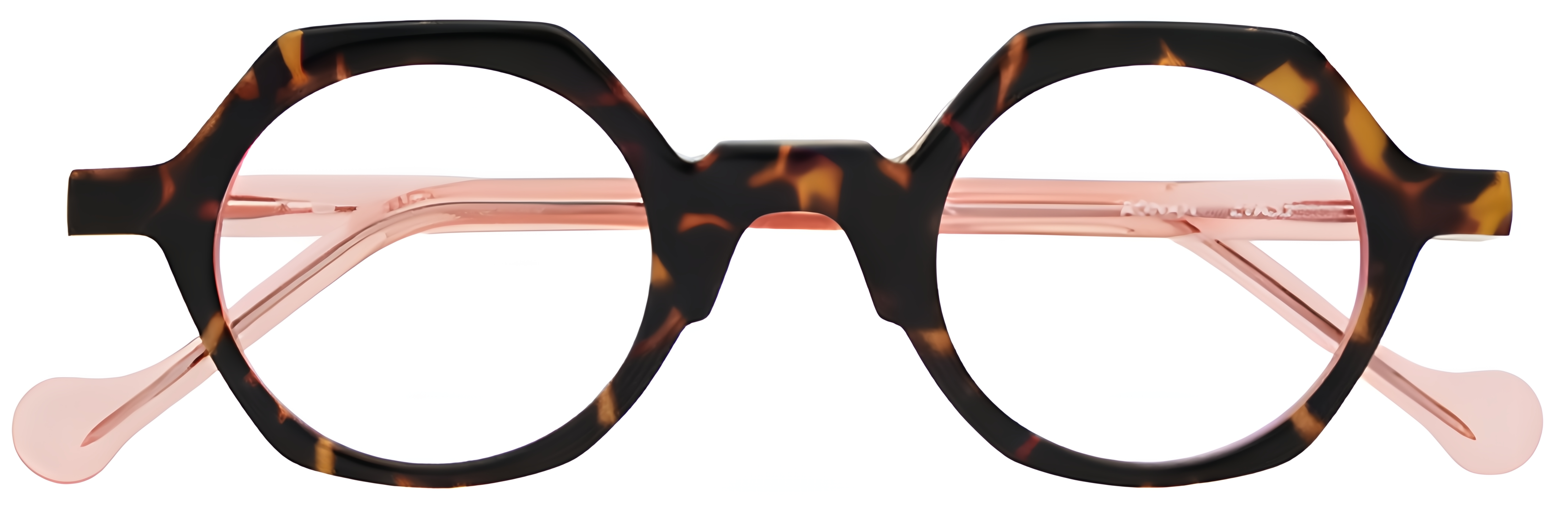 Round dark tortoise acetate glasses with warm amber patterning and translucent coral-pink inner rims and temples