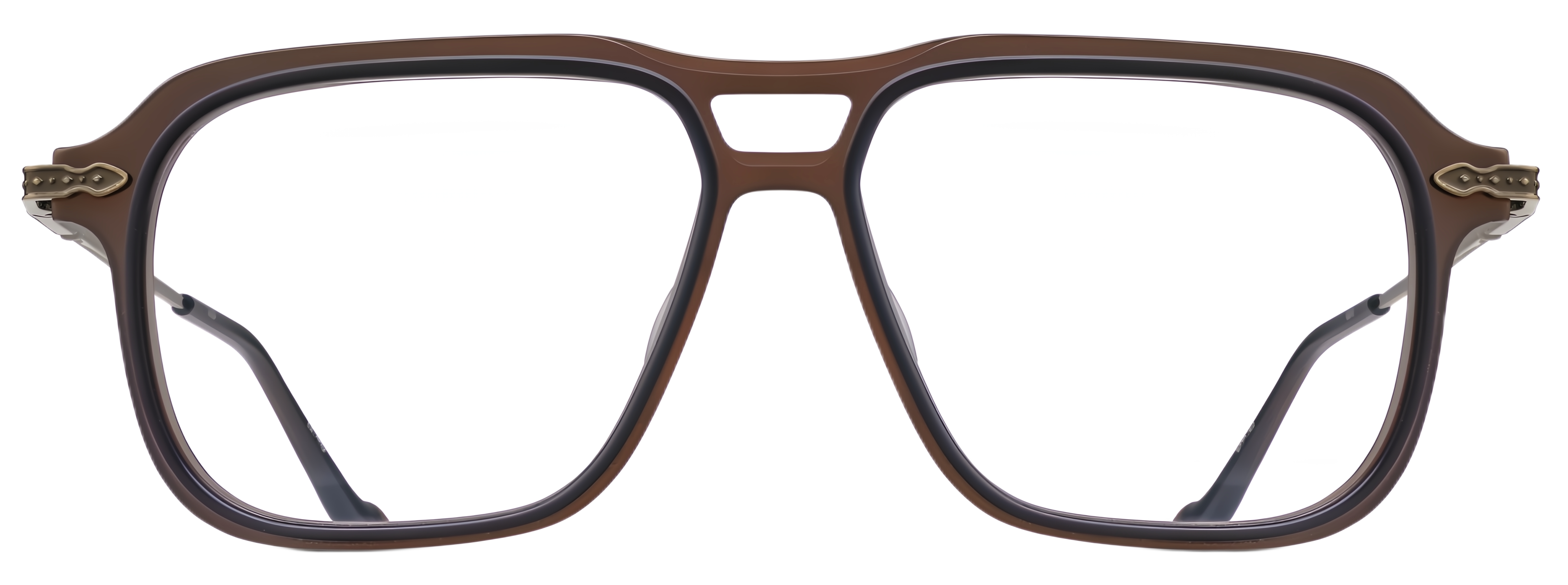 Taupe acetate aviator eyeglasses with double bridge, raised rim, antique gold temples, and dark lacquer accents.