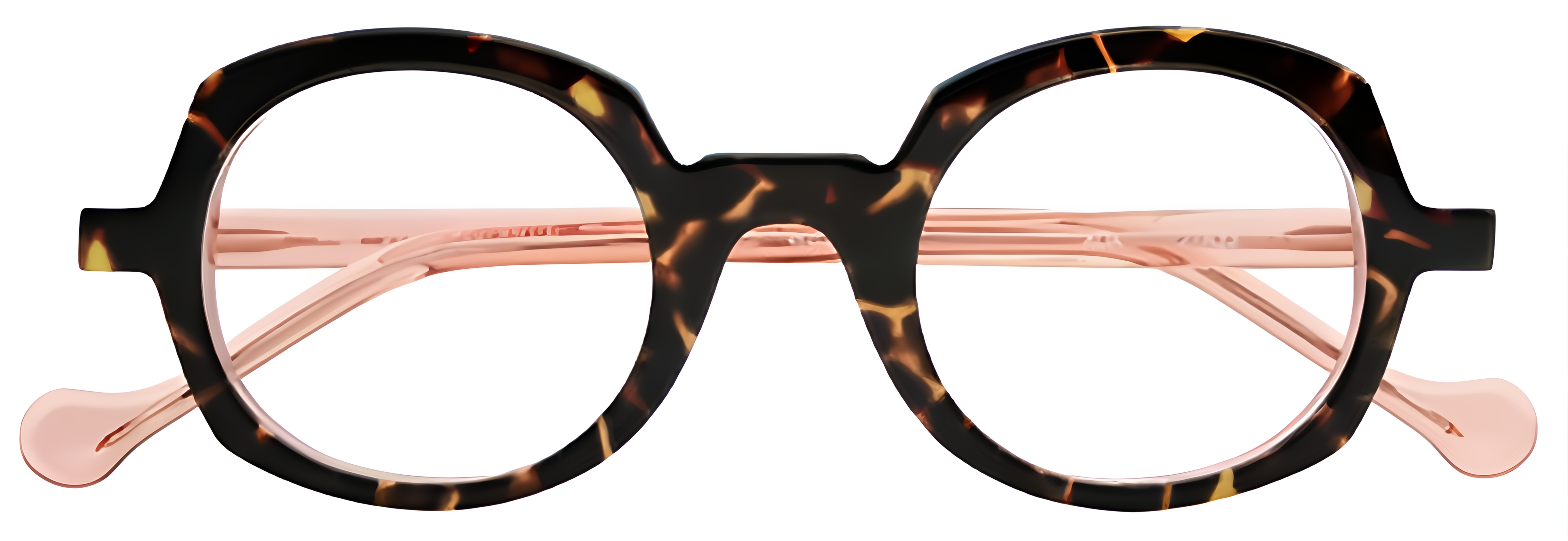 Dark tortoiseshell acetate glasses with blush pink accents, rounded square lenses, faceted edges, and a saddle bridge.