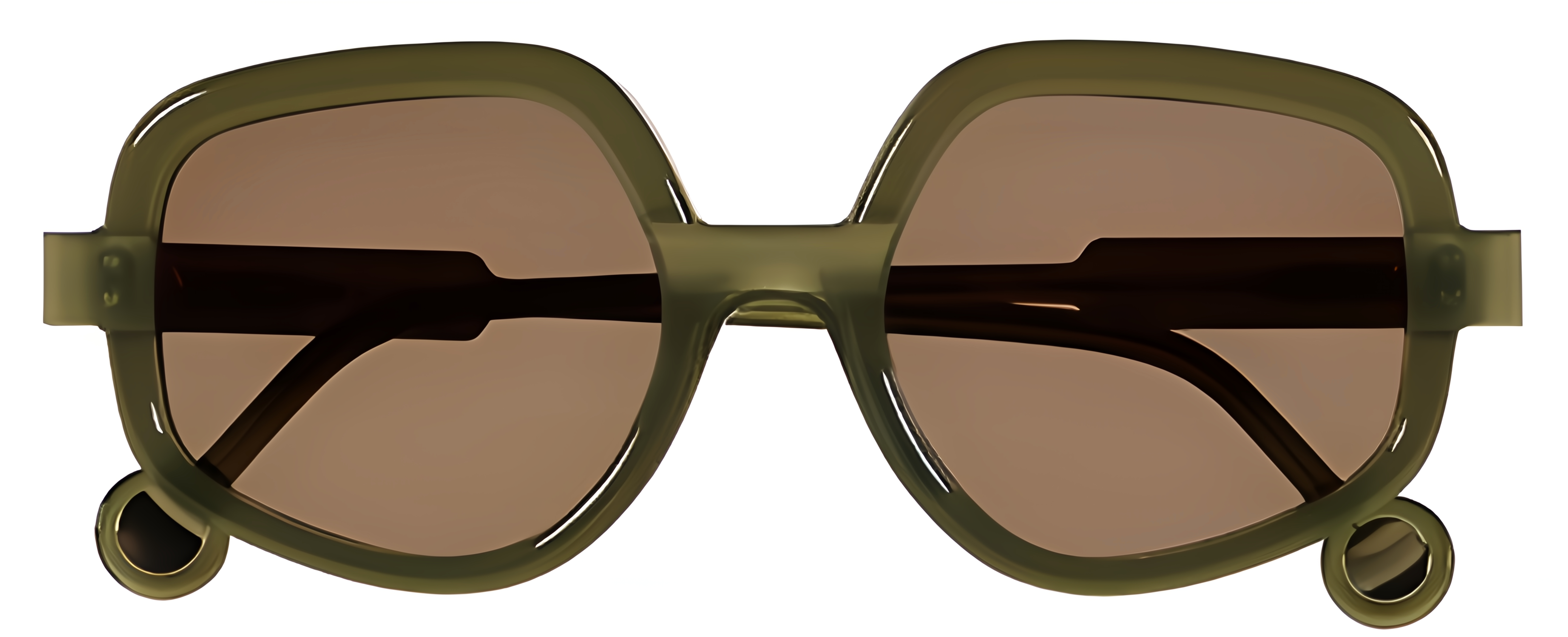 Translucent olive green acetate sunglasses with taupe-brown lenses, irregular rims, saddle bridge, and circular accents.
