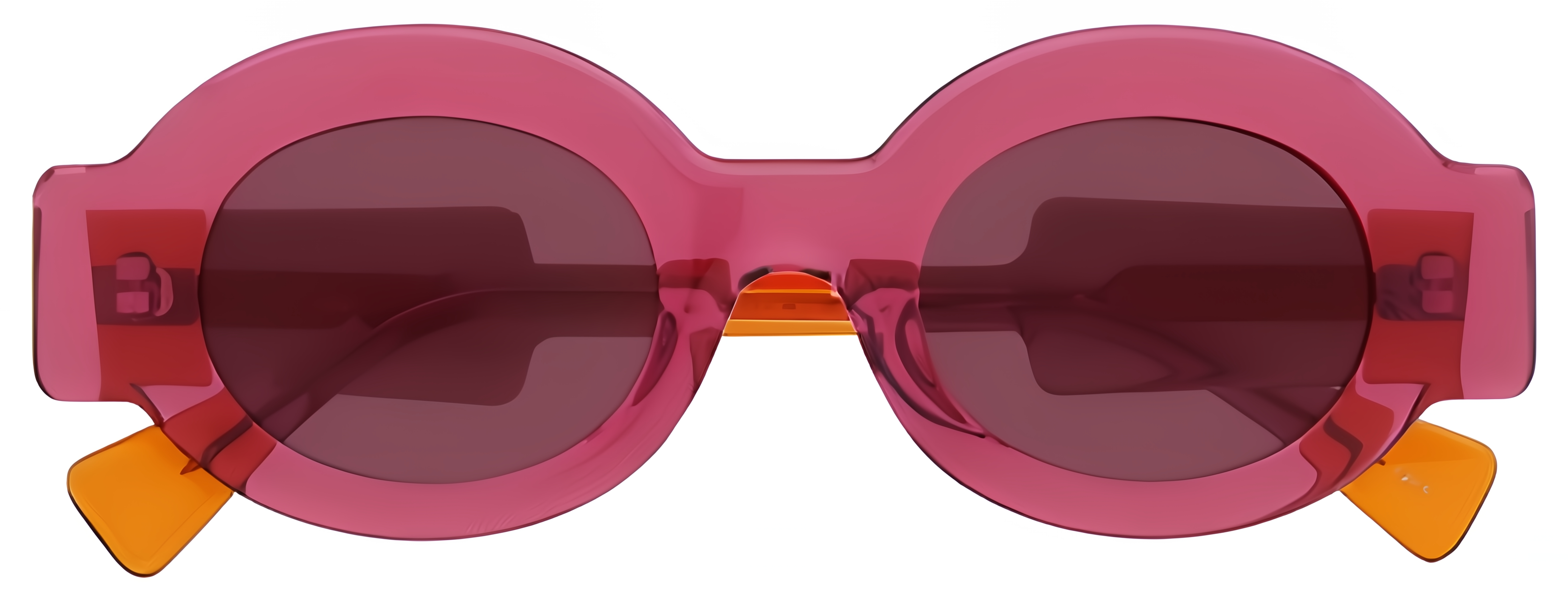 Bold oval sunglasses in translucent fuchsia acetate with orange temples and rosy plum lenses.