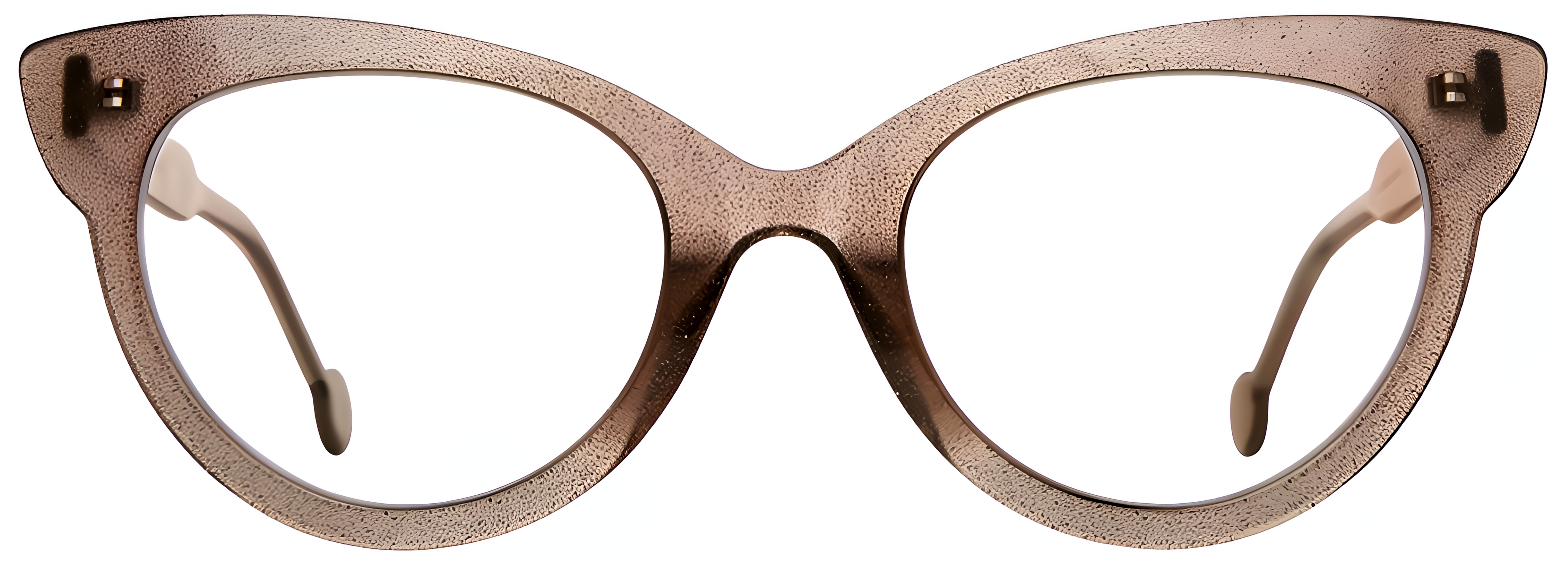 Cat-eye translucent taupe-gray acetate glasses with fine speckled texture and graceful curves.
