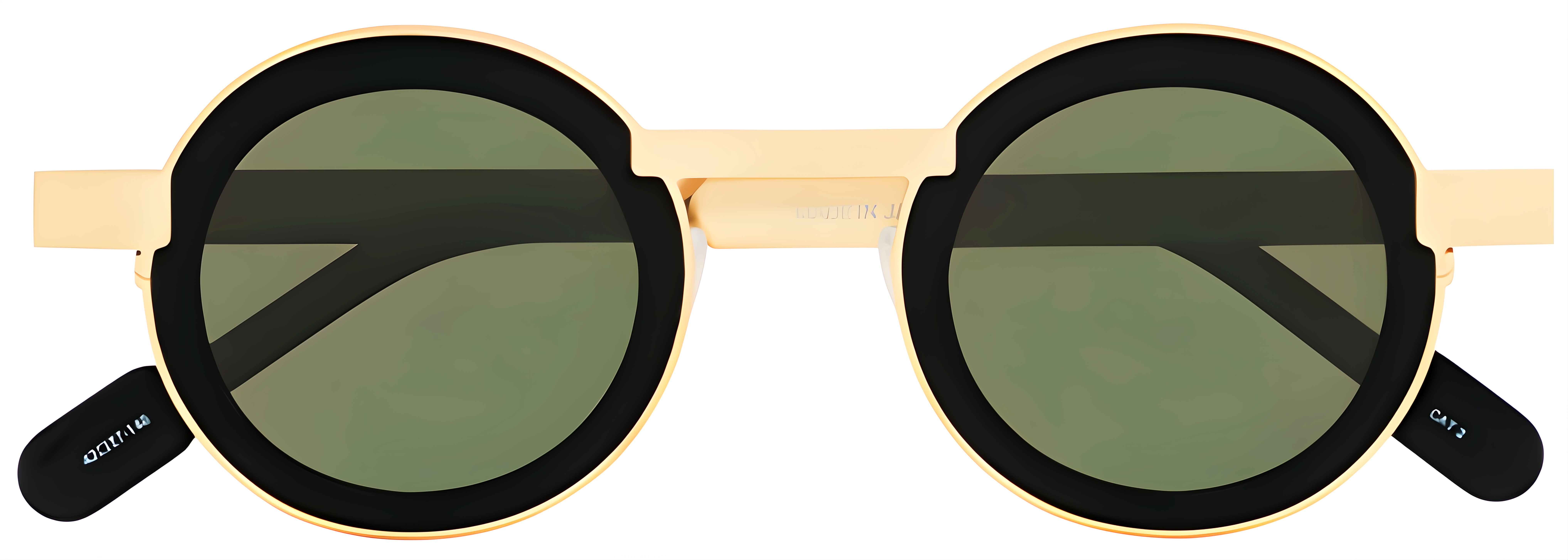 Round sunglasses with black acetate inner rims, brushed gold-tone titanium frame, and muted green lenses.