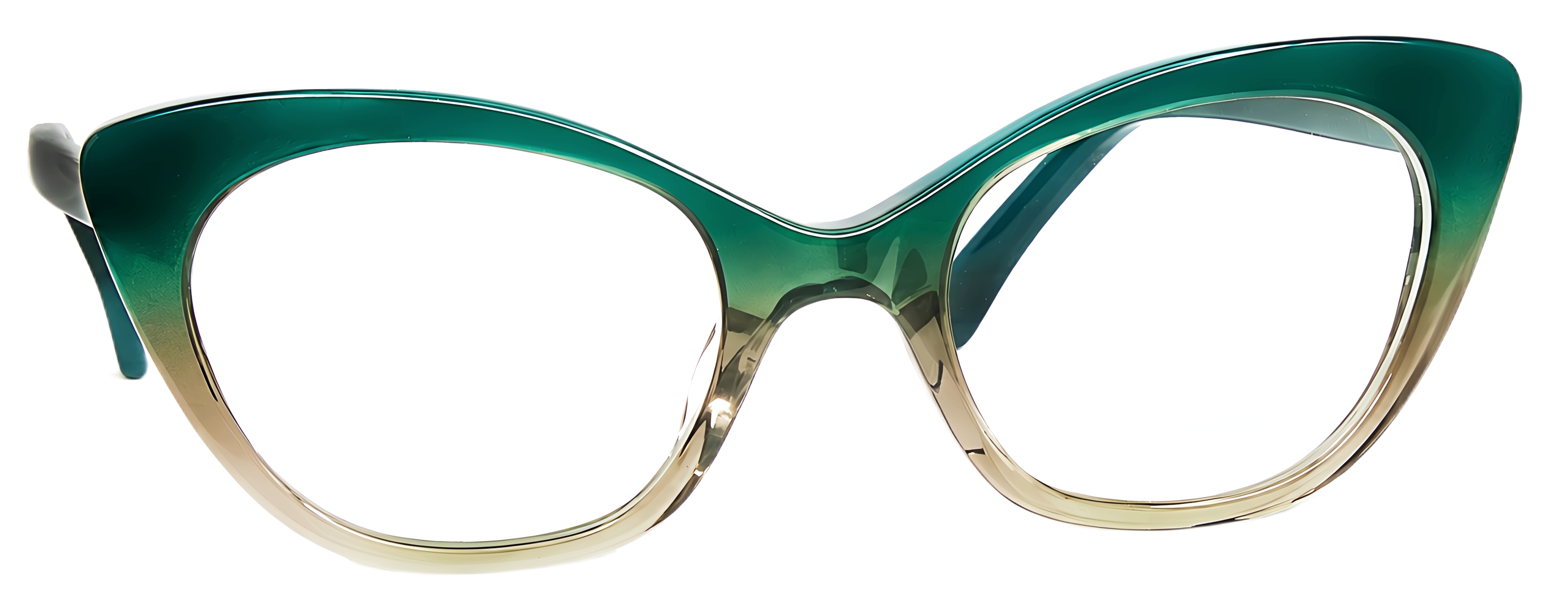 Oversized cat-eye frame in emerald green and translucent champagne acetate with sharply upswept corners.