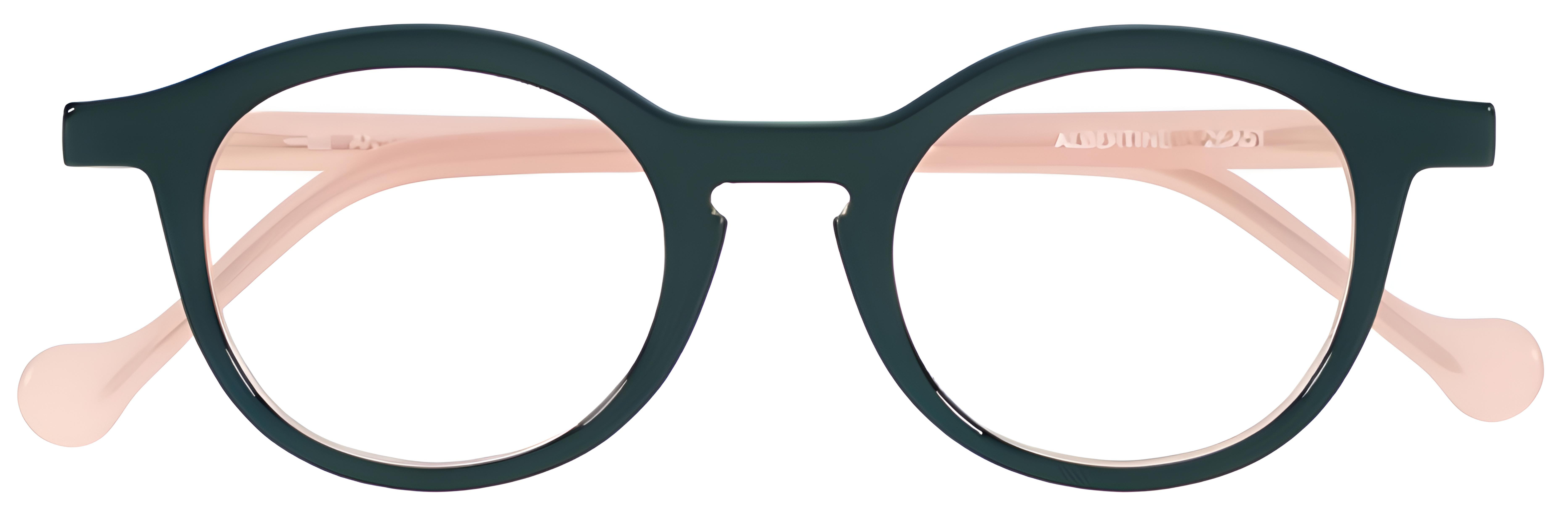Round forest green acetate glasses with translucent blush-pink inner rims, temples, and a discreet keyhole bridge