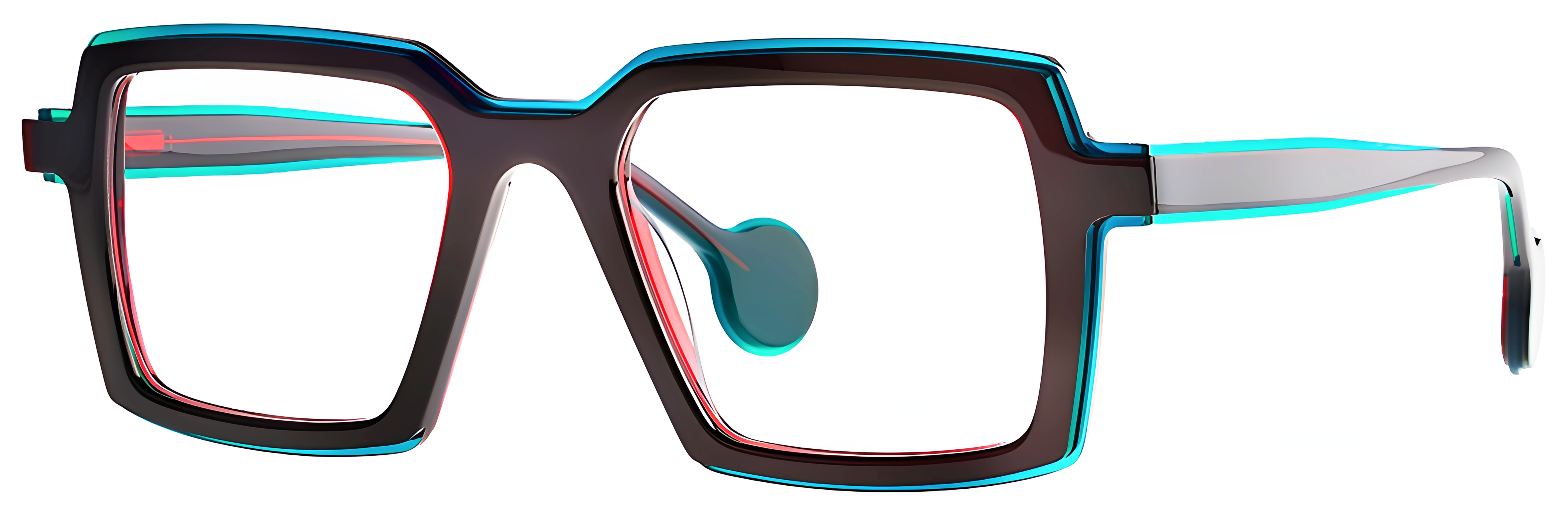 Square acetate eyeglasses in deep red with opal green edging, angular rims, and slim translucent temples.