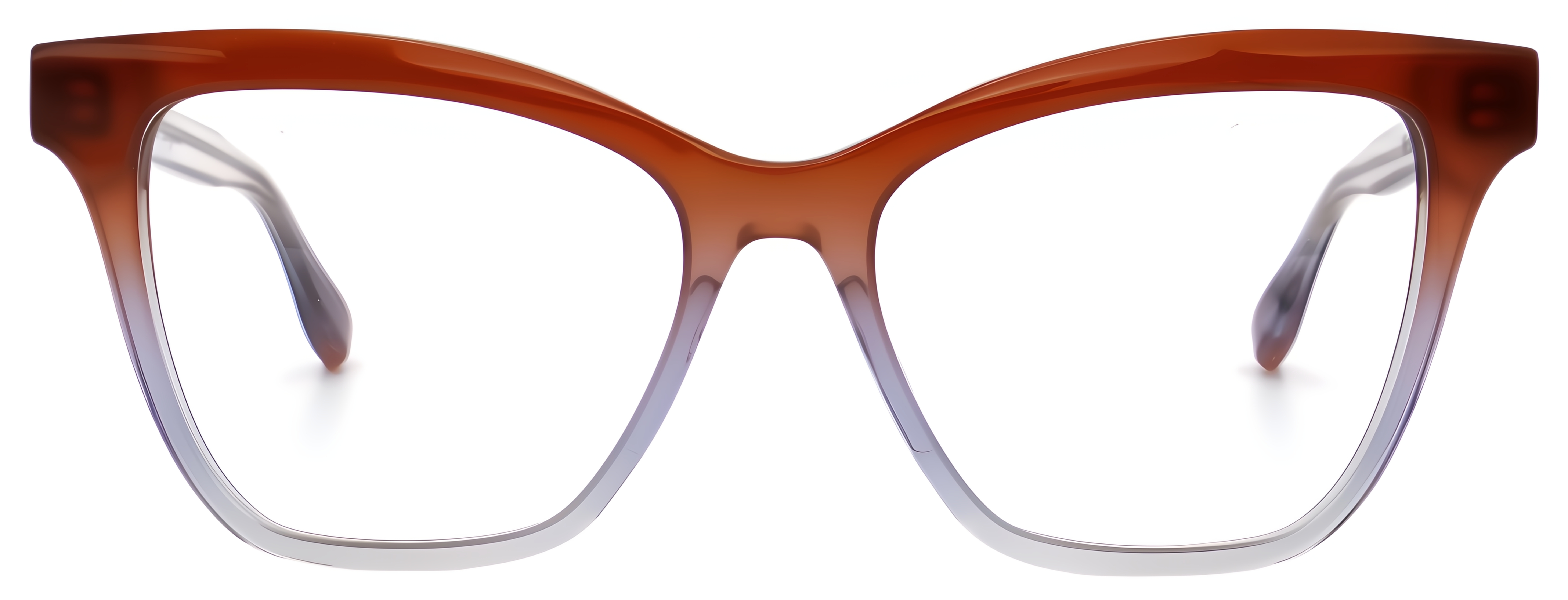 Milky ginger cat-eye acetate glasses fading into translucent lavender and pale grey lower rims.