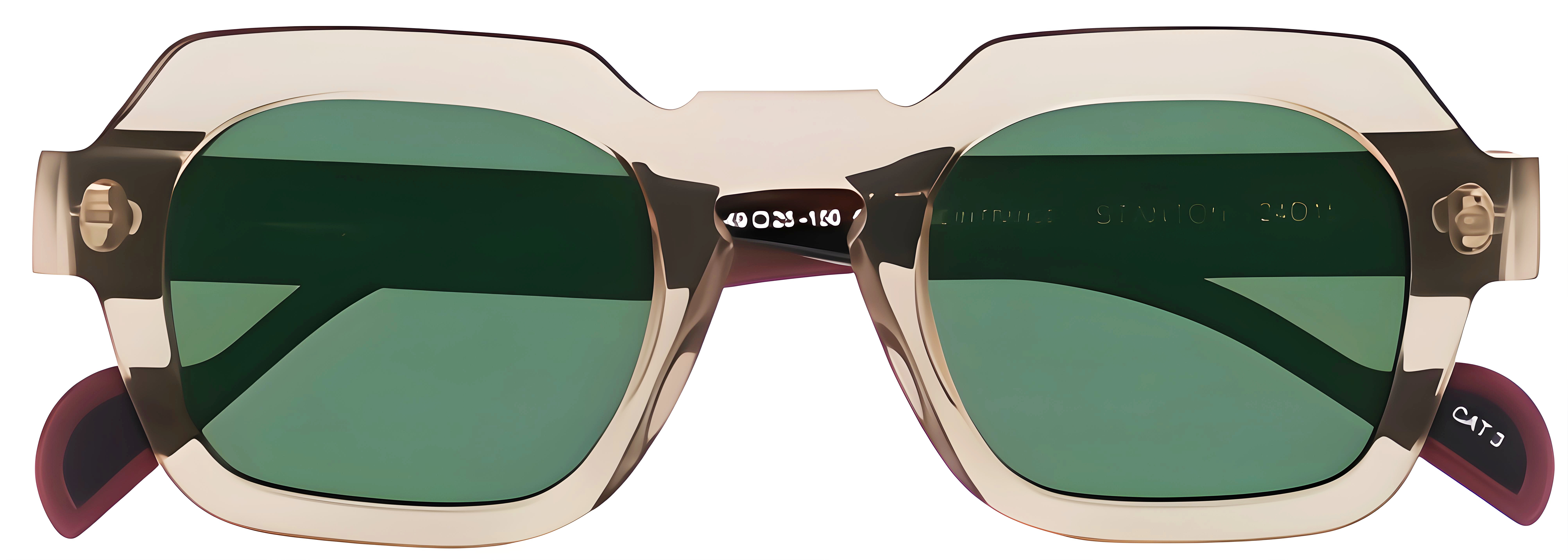 Panto sunglasses in translucent smoky beige acetate with burgundy temples, green lenses, and keyhole bridge.