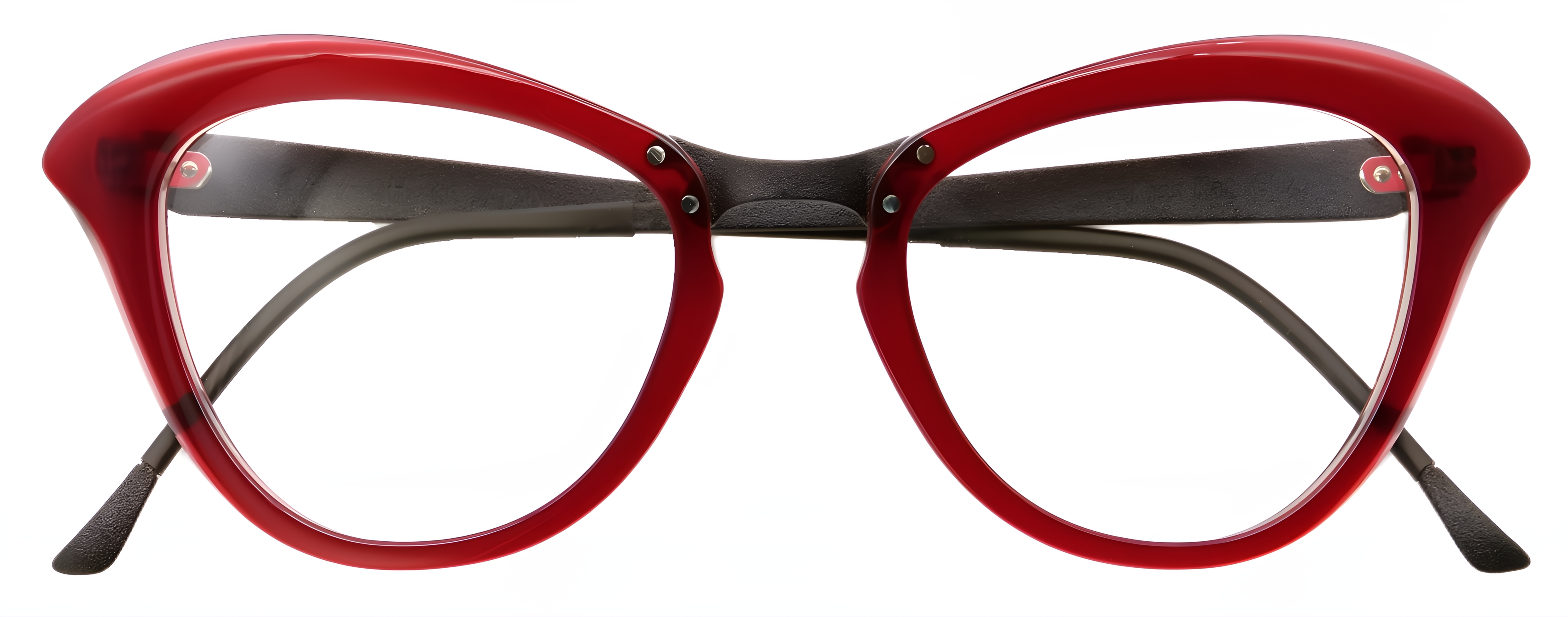 Red cat-eye acetate glasses with milk clear layering and textured ripe prune titanium temples.