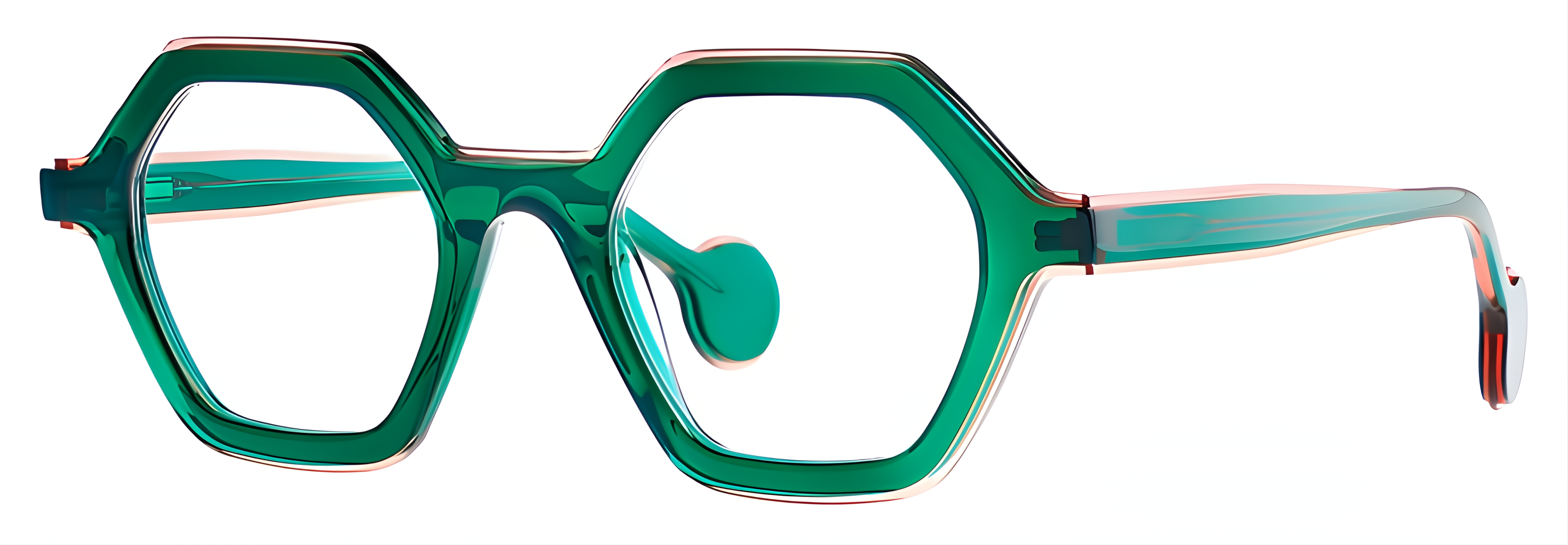 Geometric green acetate eyeglasses with pinkish red layered edges and translucent depth.