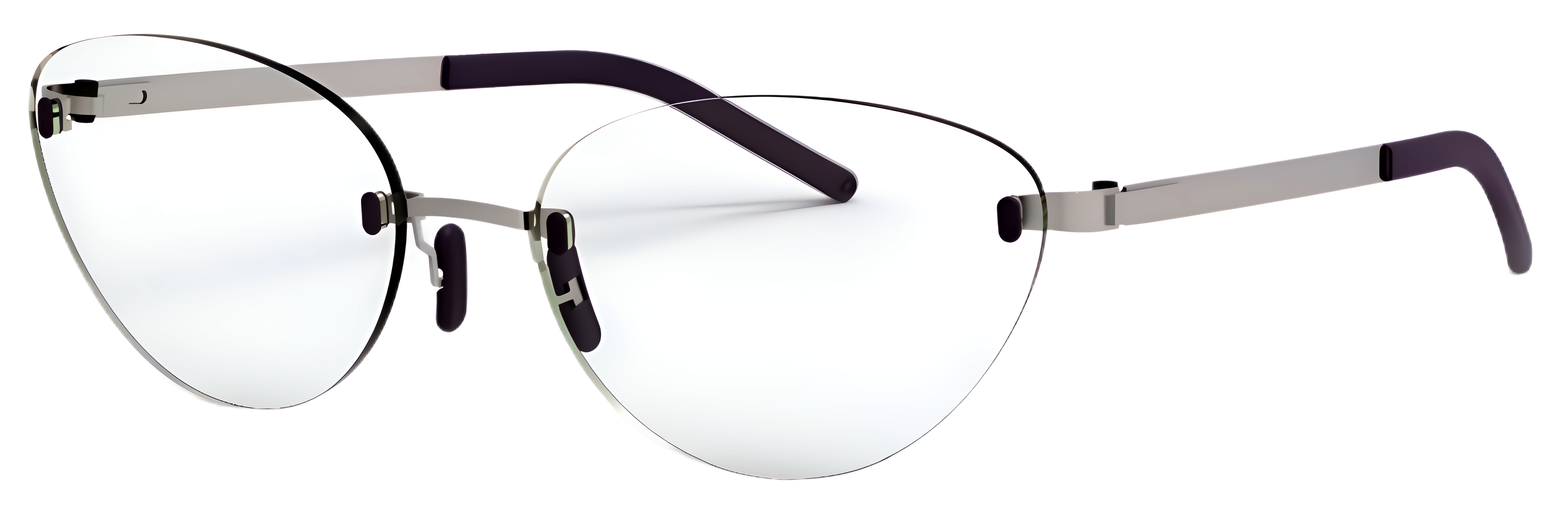 Rimless cat-eye glasses with lifted outer corners, slim metal details, nose pads, and minimal bridge design.
