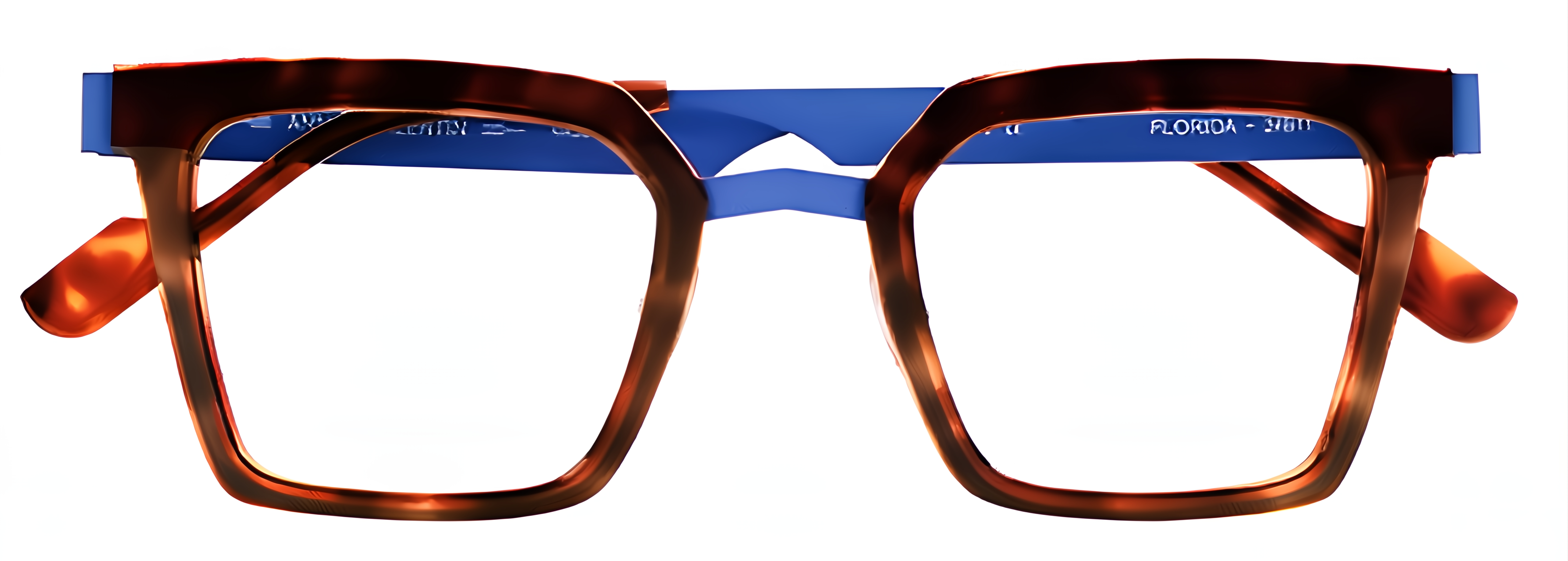 Tortoiseshell acetate glasses with cobalt blue metal, hybrid cat-eye rectangular rims, and softly lifted corners.