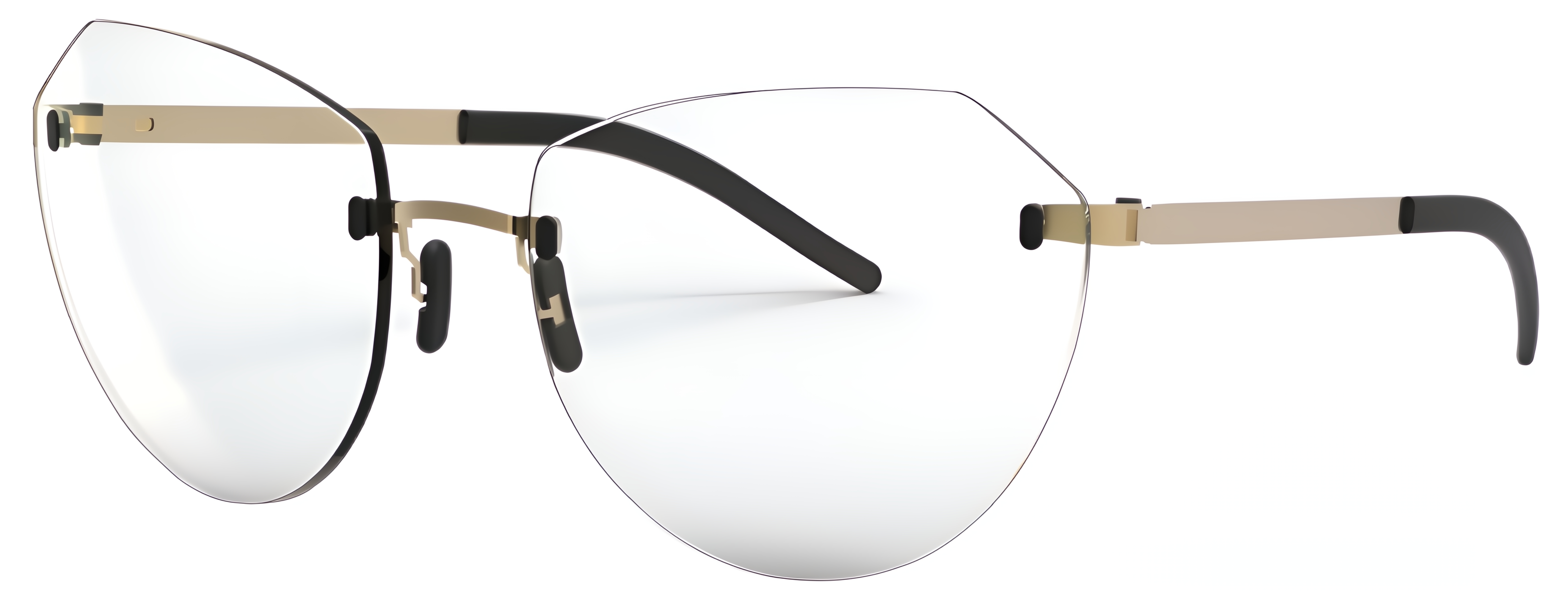 Rimless glasses with soft oval lower edges, lifted cat-eye top, slim metal details, nose pads, and minimal bridge design.