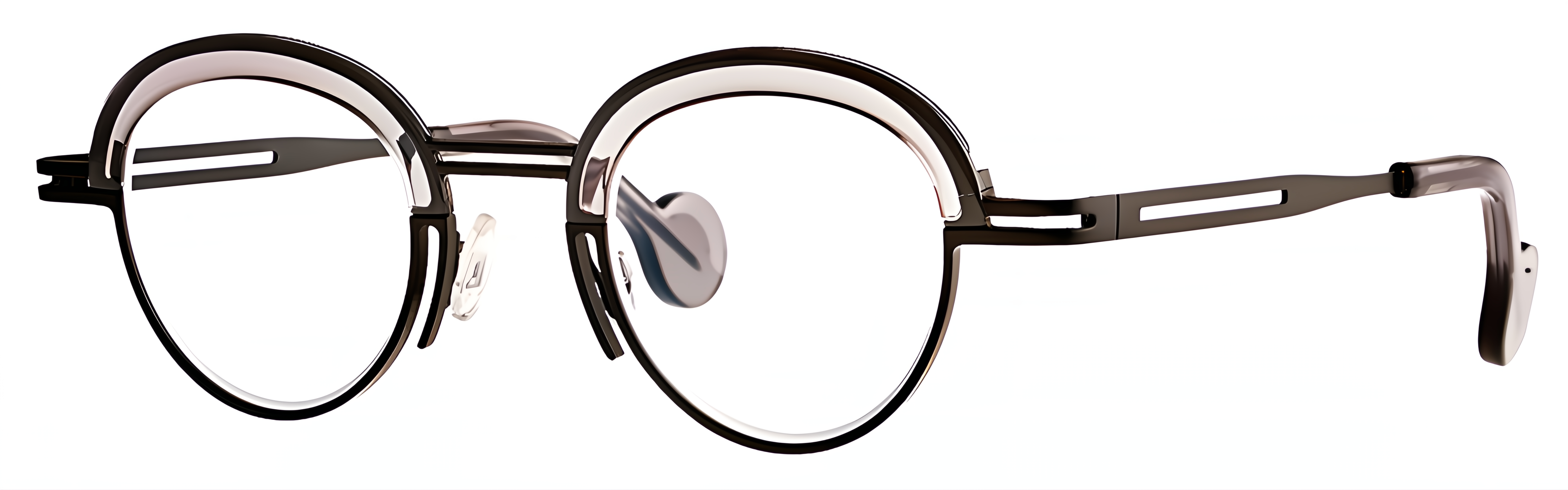 Panto eyeglasses with a matte black metal front and transparent pink acetate brow accent.