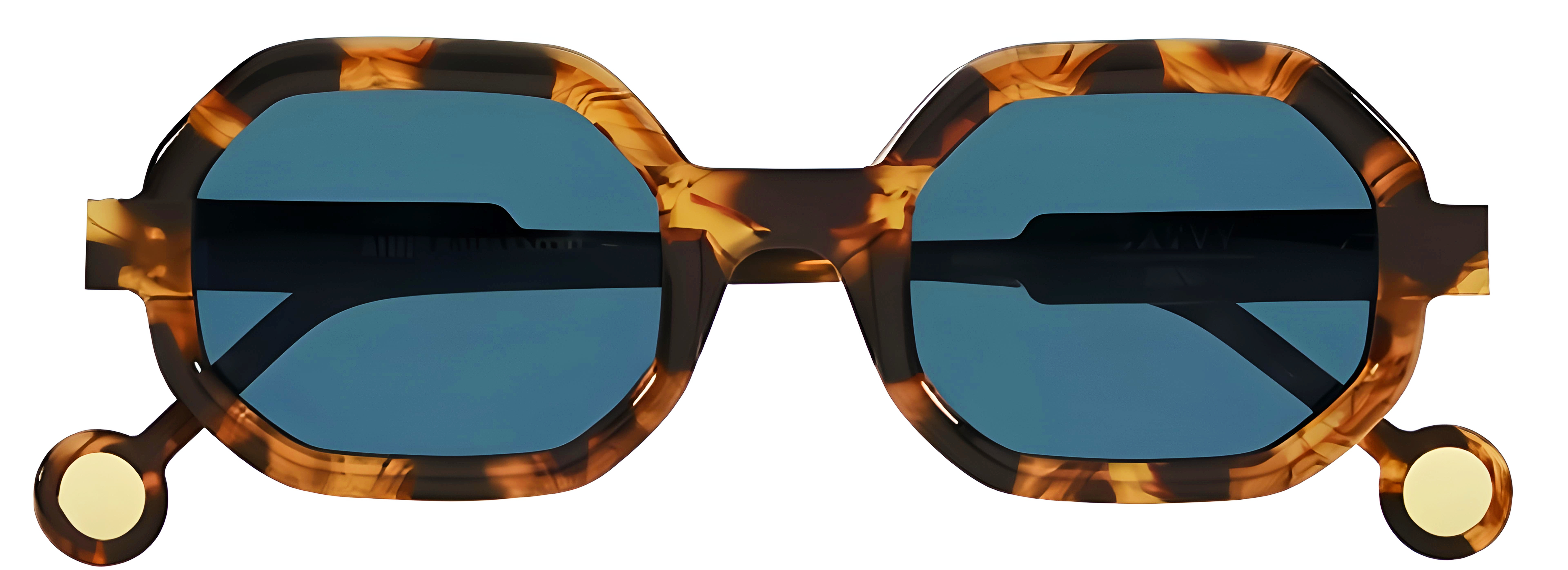 Mottled tortoiseshell acetate sunglasses with blue-gray lenses, softened hexagonal rims, and circular temple-end accents.