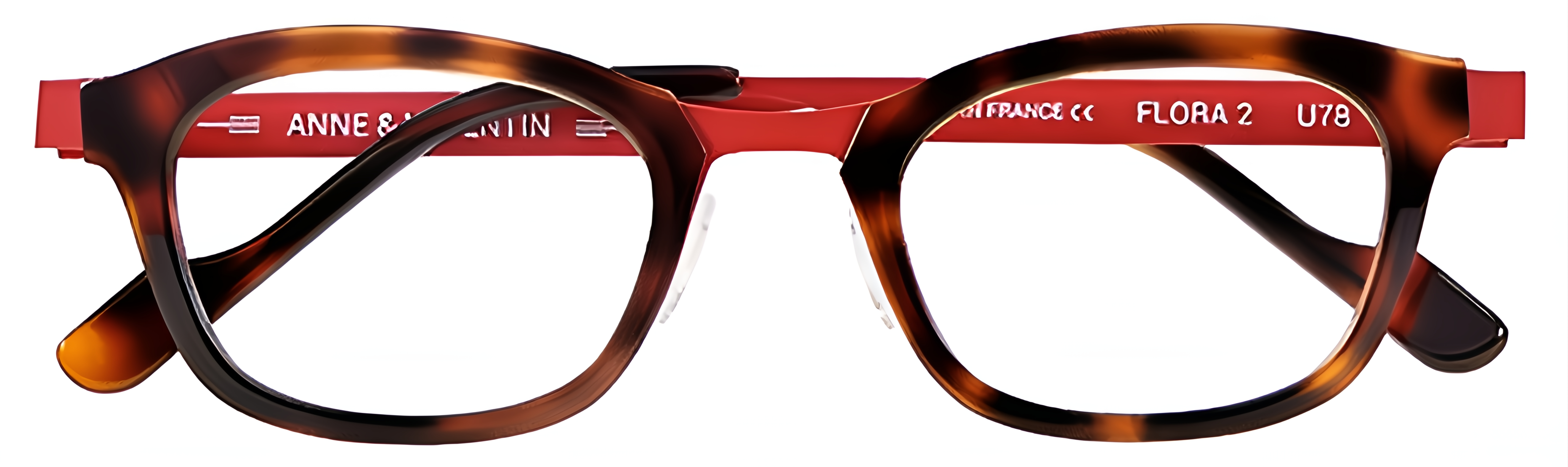 Soft rectangular tortoise acetate and red metal glasses with a subtle cat-eye lift, nose pads, and acetate tips
