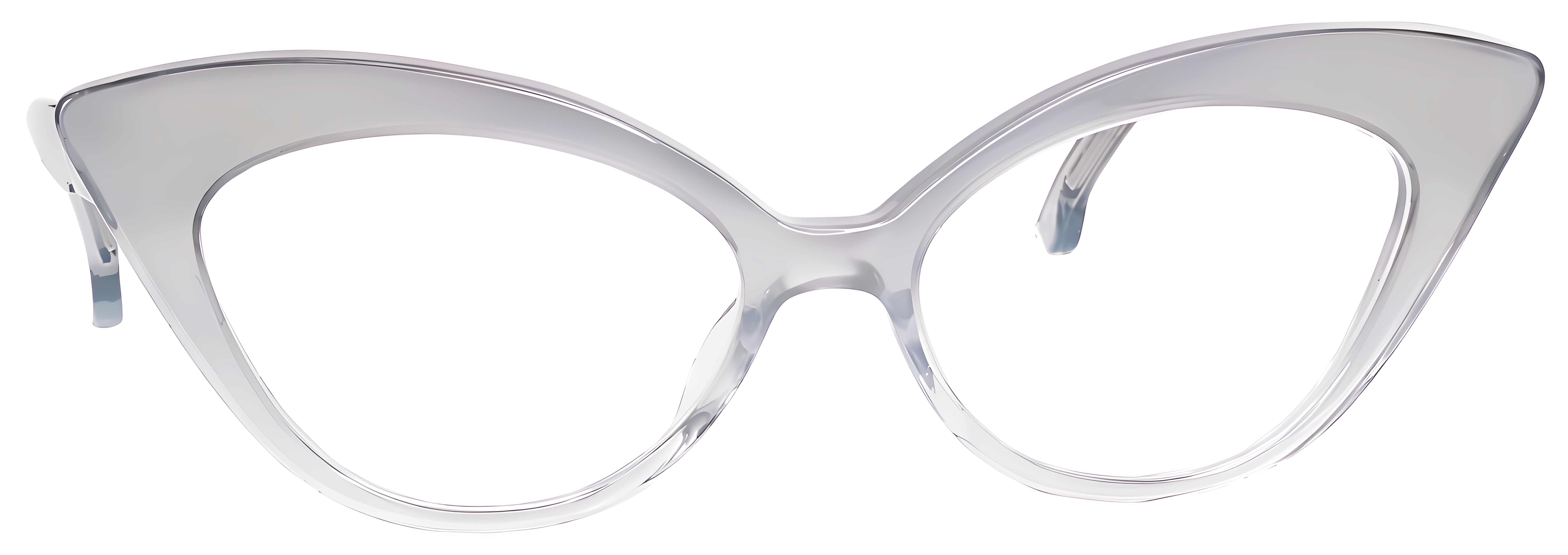 Dramatic cat-eye frame in translucent cool gray acetate with smoky shading and sharply upswept corners.