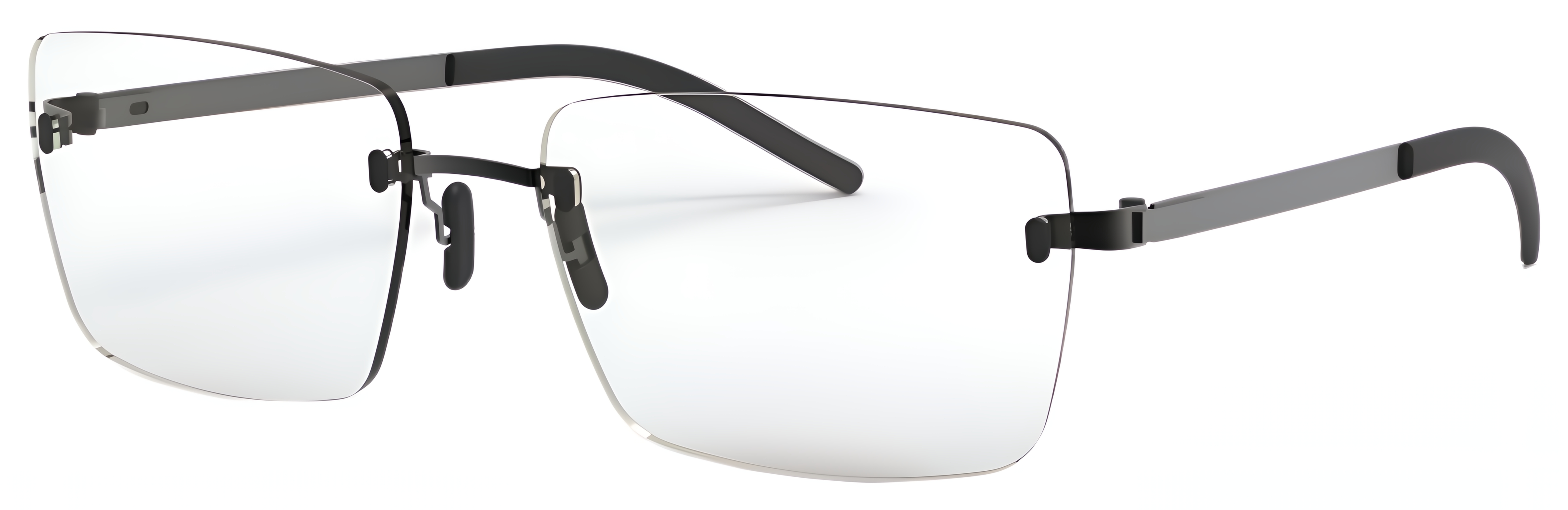 Rimless wide rectangular glasses with slim metal details, nose pads, clean lens edges, and minimal bridge design.