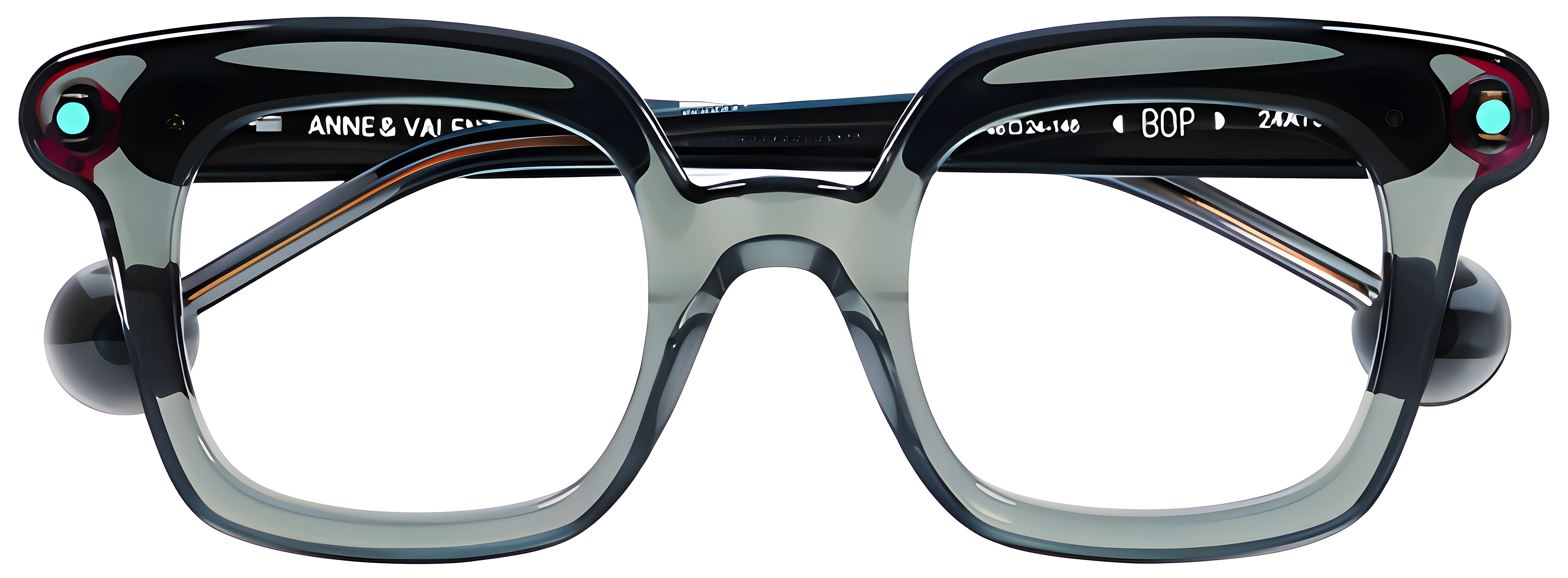 Rounded smoky gray acetate square glasses with black temples, pink hinge accents, and turquoise resin point details