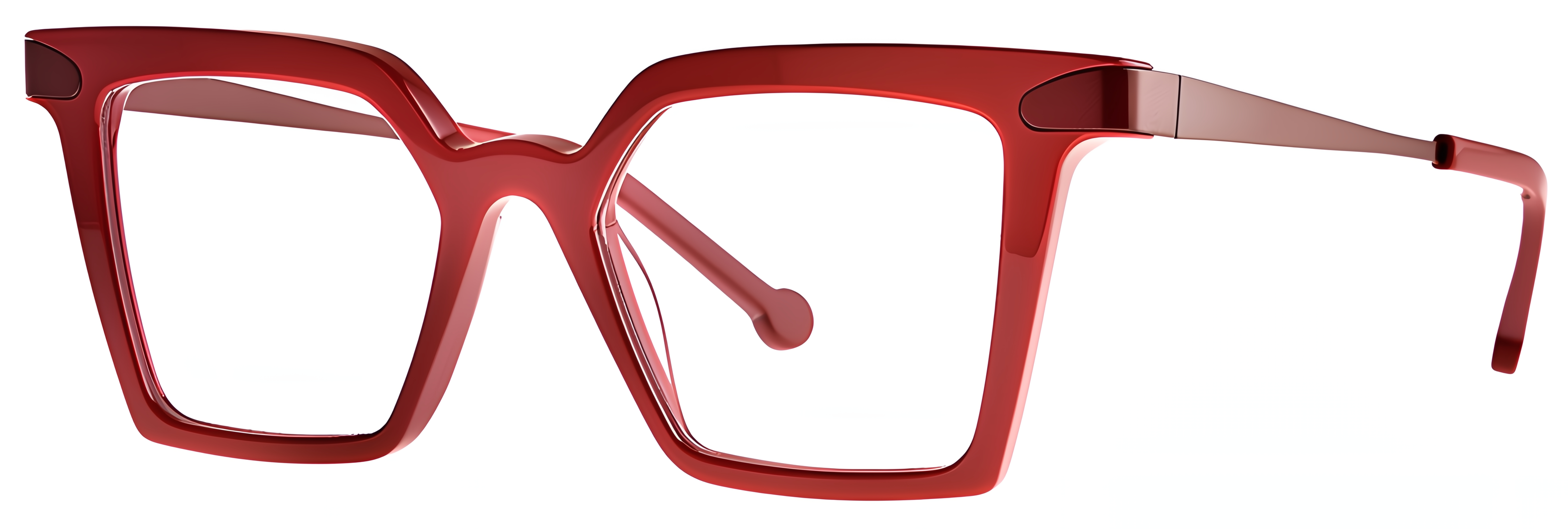 Square red and purple acetate glasses with a subtle cat-eye lift, slim metal temples, and layered brow detail