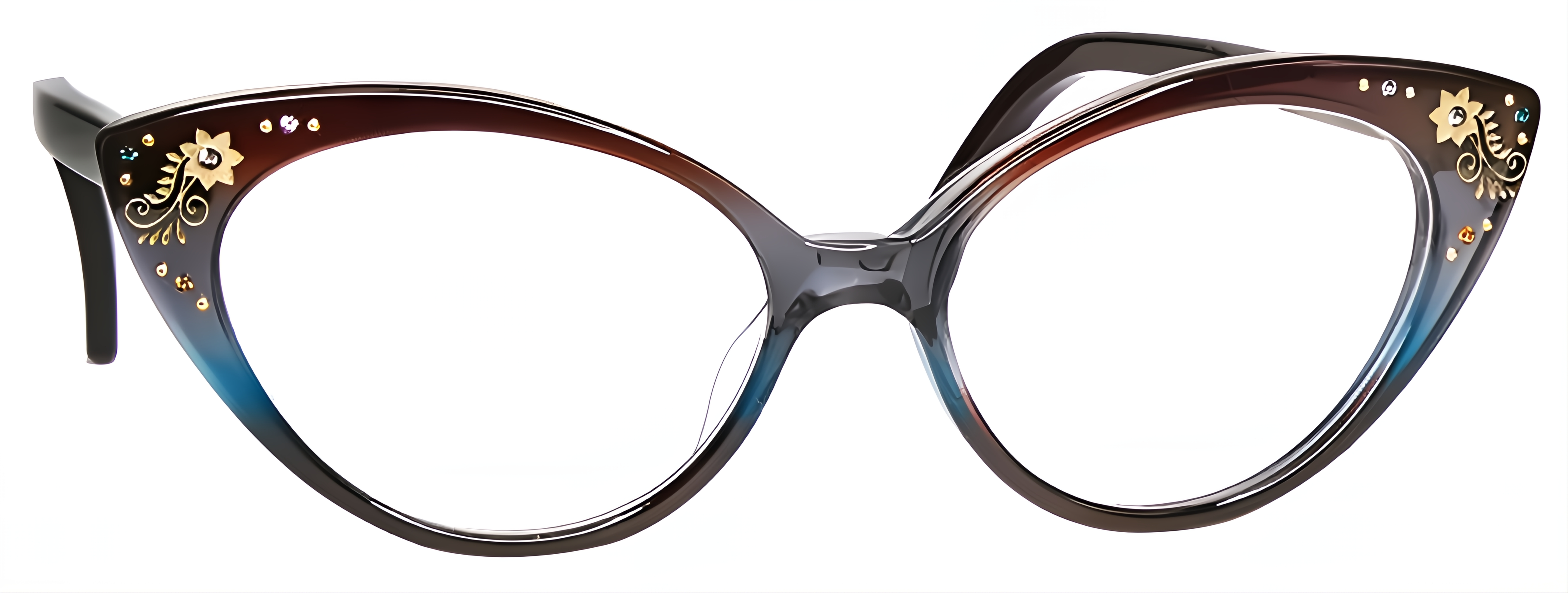 Rounded cat-eye frame in espresso brown and smoky blue acetate with gold floral details and multicolor crystals.