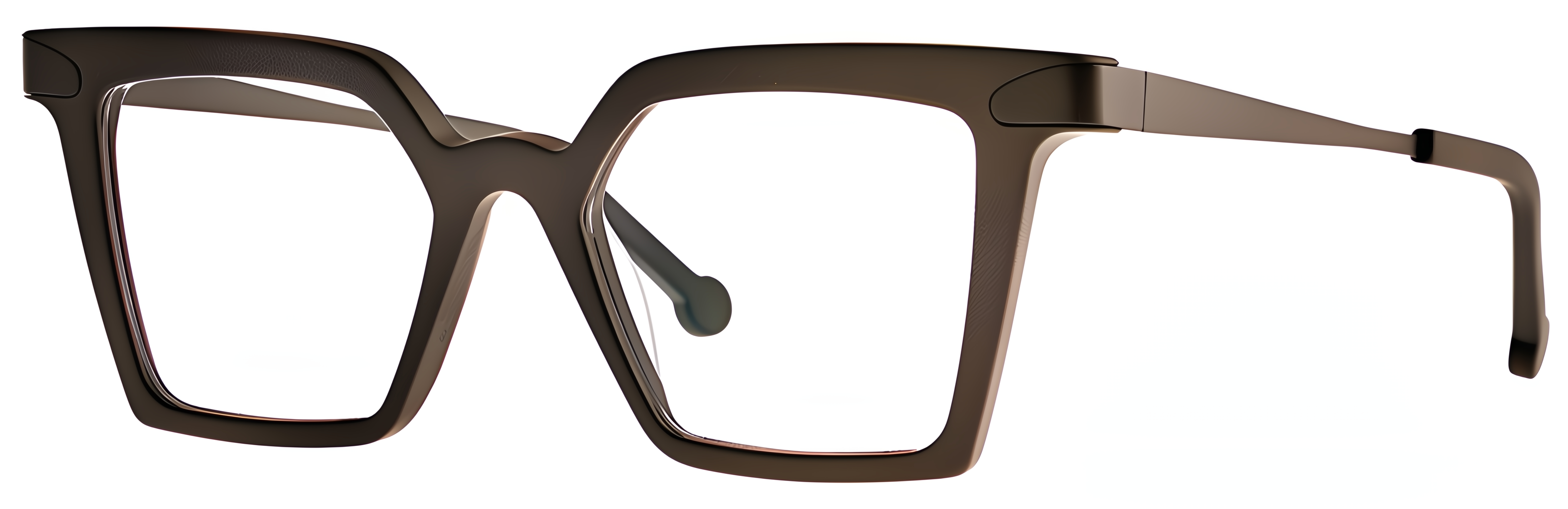Square matte black acetate glasses with a subtle cat-eye lift, slim metal temples, and warm edge detail