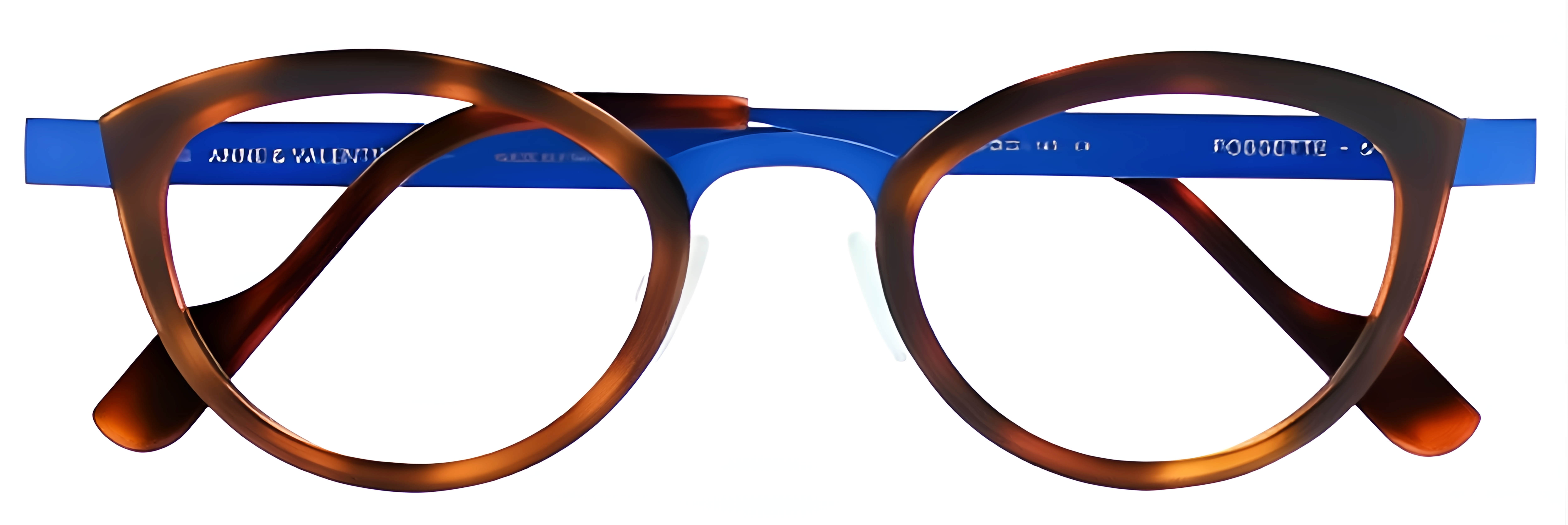 Tortoiseshell acetate glasses with cobalt blue metal, soft cat-eye rims, rounded contours, and a low-profile bridge.