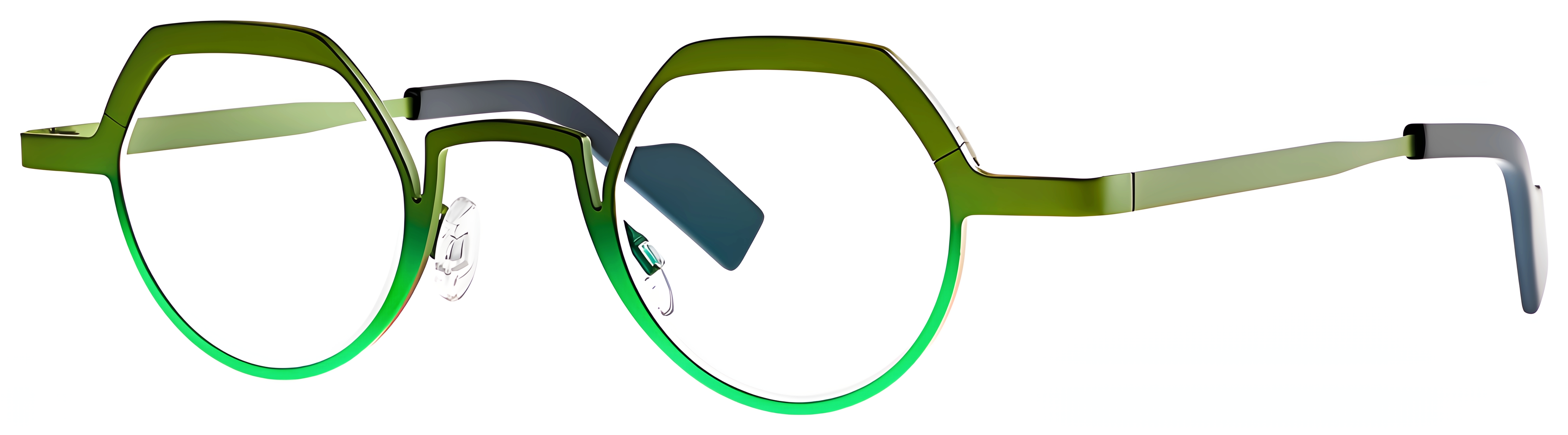 Round bi-color titanium eyeglasses in olive green and vivid neon green with faceted upper rims and dark bridge accents.