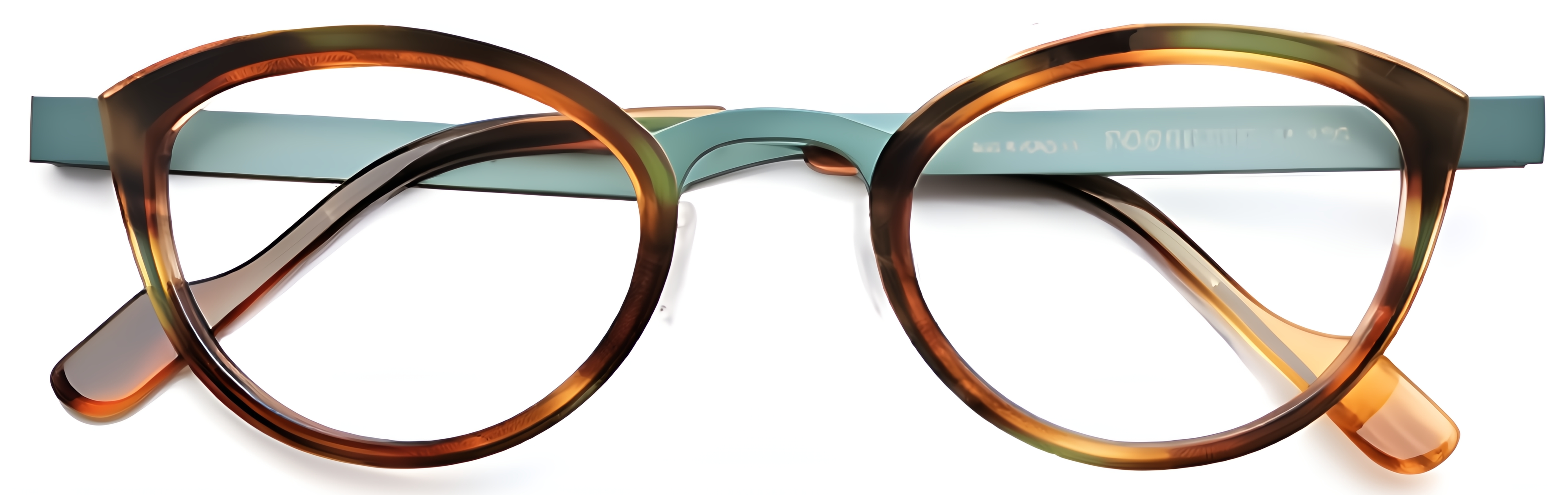Soft cat-eye combo glasses in translucent tortoise acetate with matte teal metal brow, bridge, and temples.