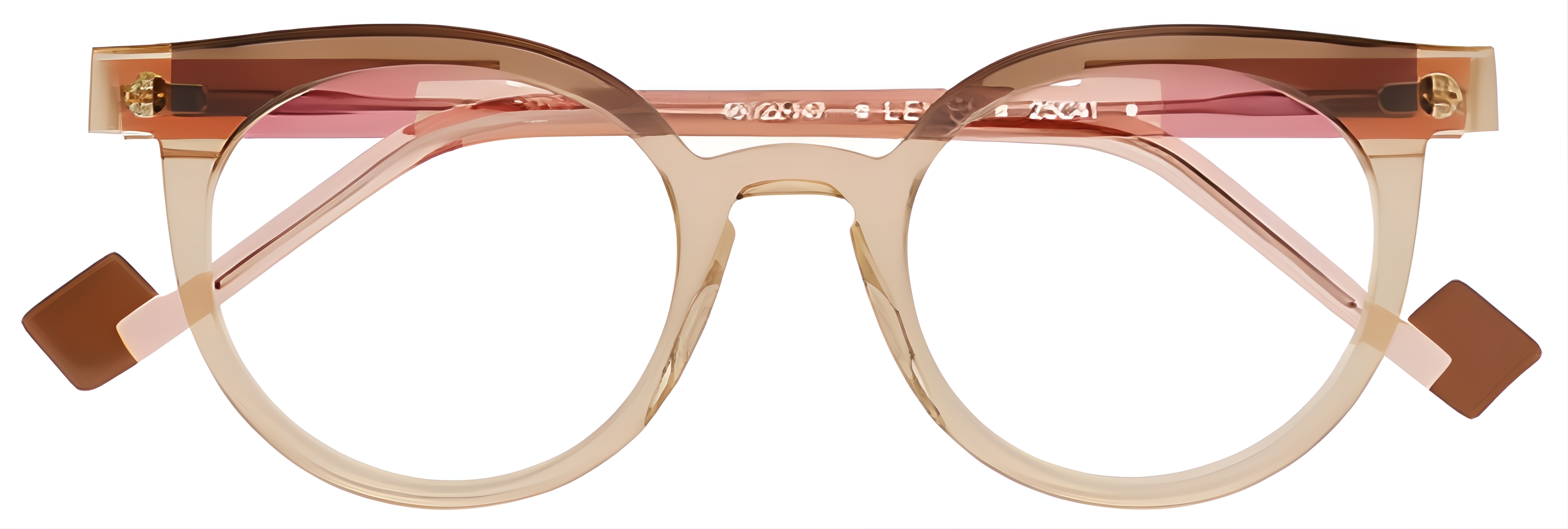 Roomy translucent champagne panto glasses with caramel-brown brow accents, pink temples, and softly upturned corners.