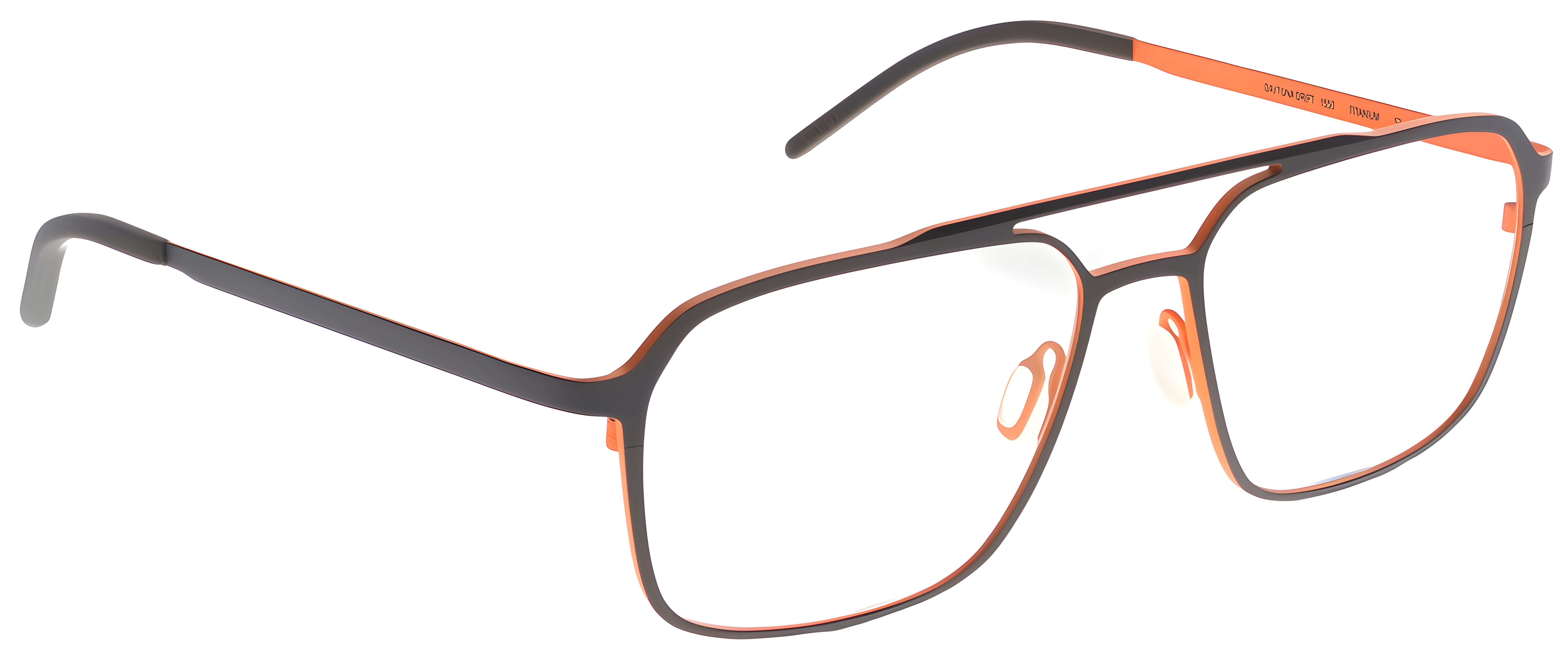 Rectangular aviator-style titanium glasses in matte volcanic grey with vivid orange accents and a double bridge.