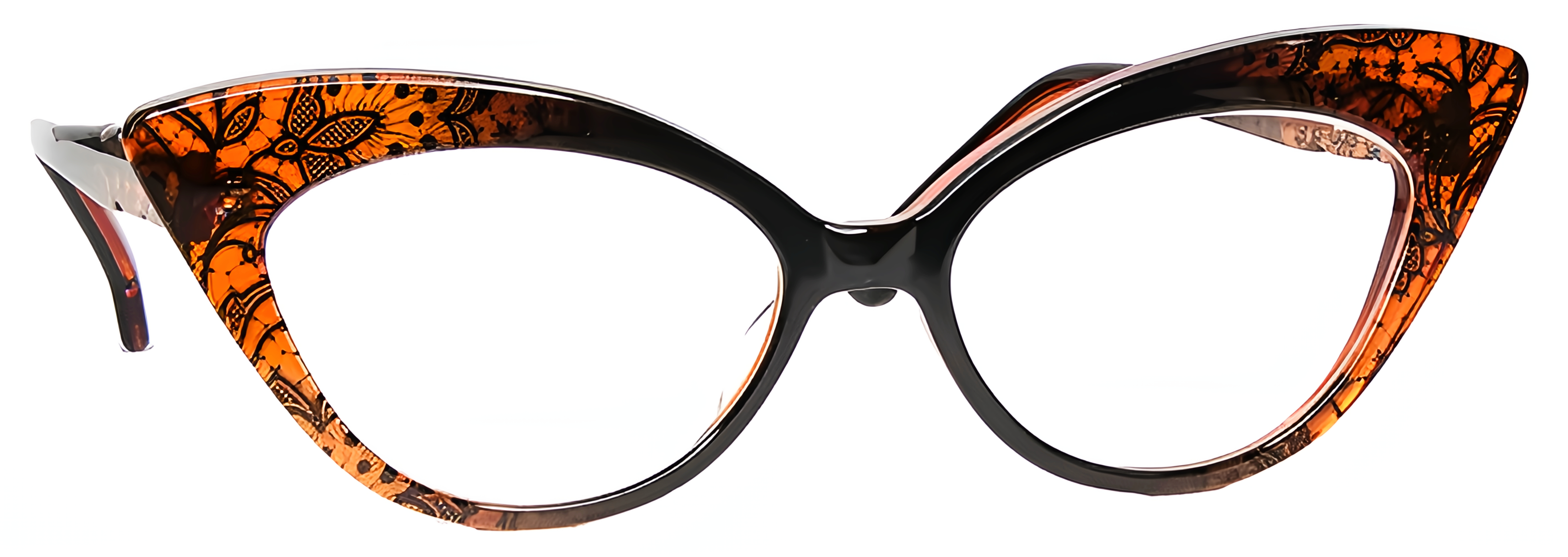 Dramatic black and amber cat-eye frame in acetate with floral lace layered into the outer corners.