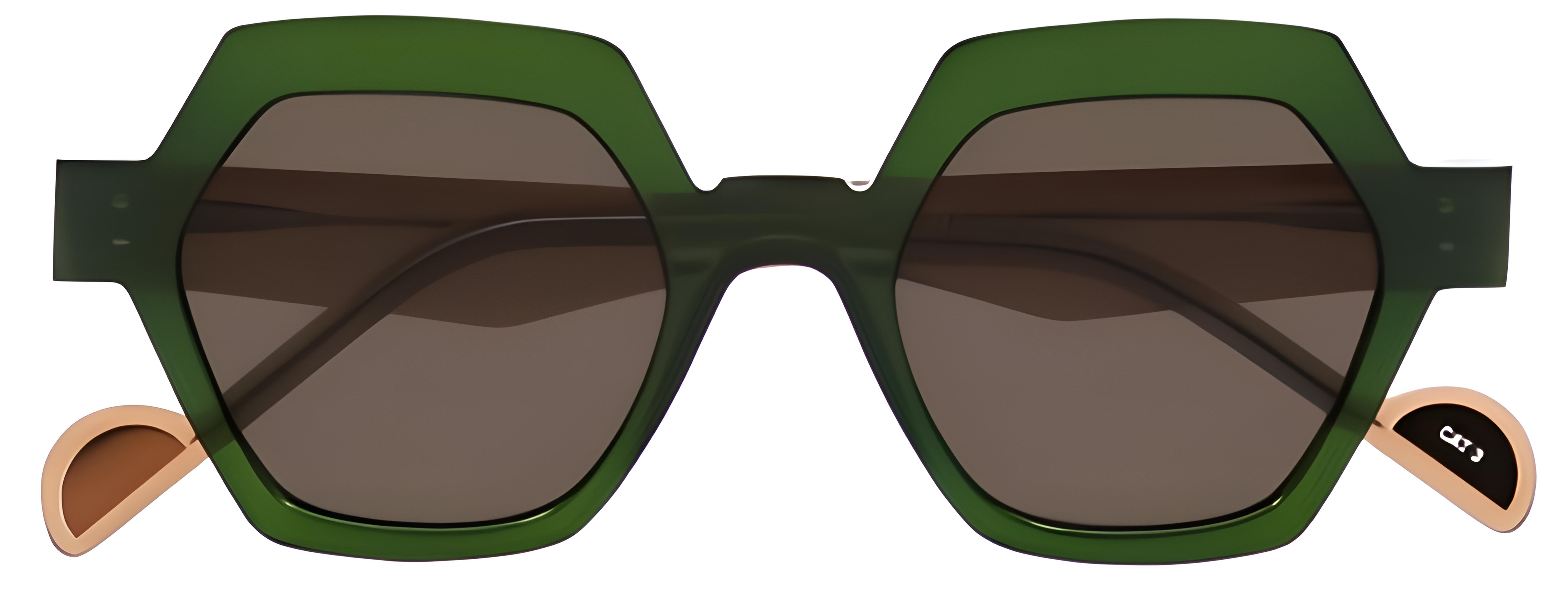 Hexagonal sunglasses in translucent deep green acetate with amber-orange temples and soft brown lenses.