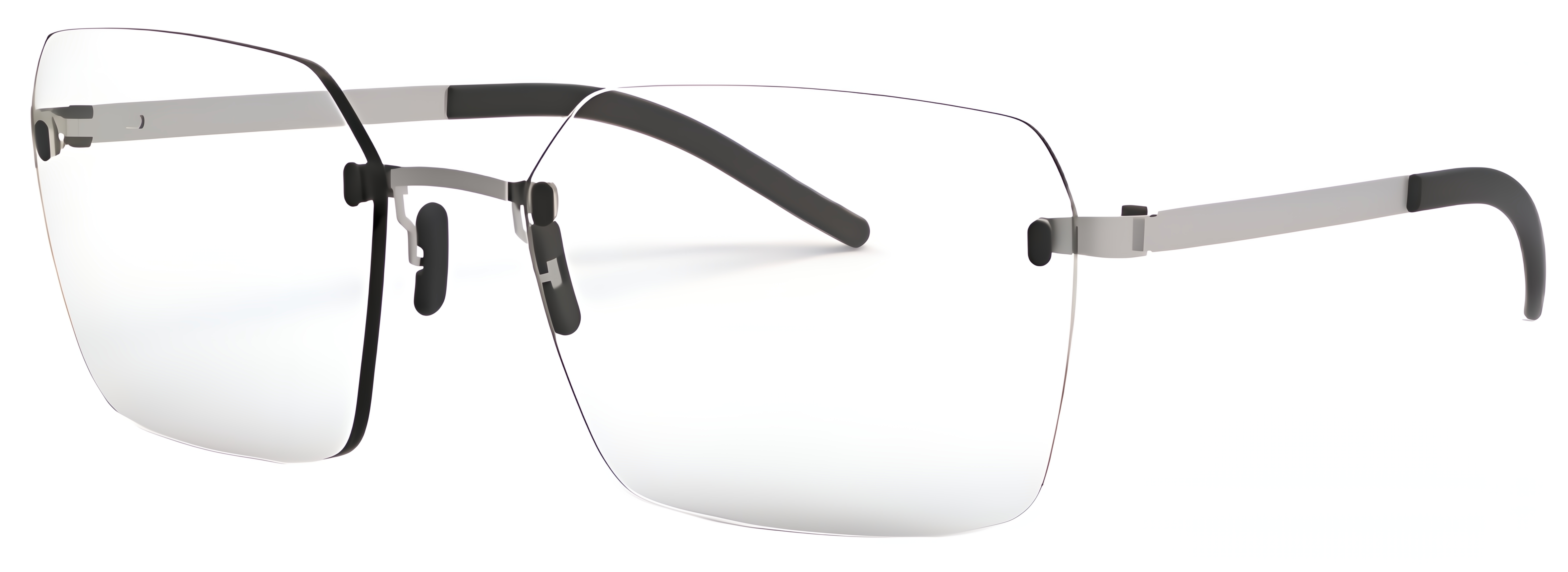 Rimless rectangular glasses with slim metal details, clear nose pads, and subtle angled lens edges near the bridge.
