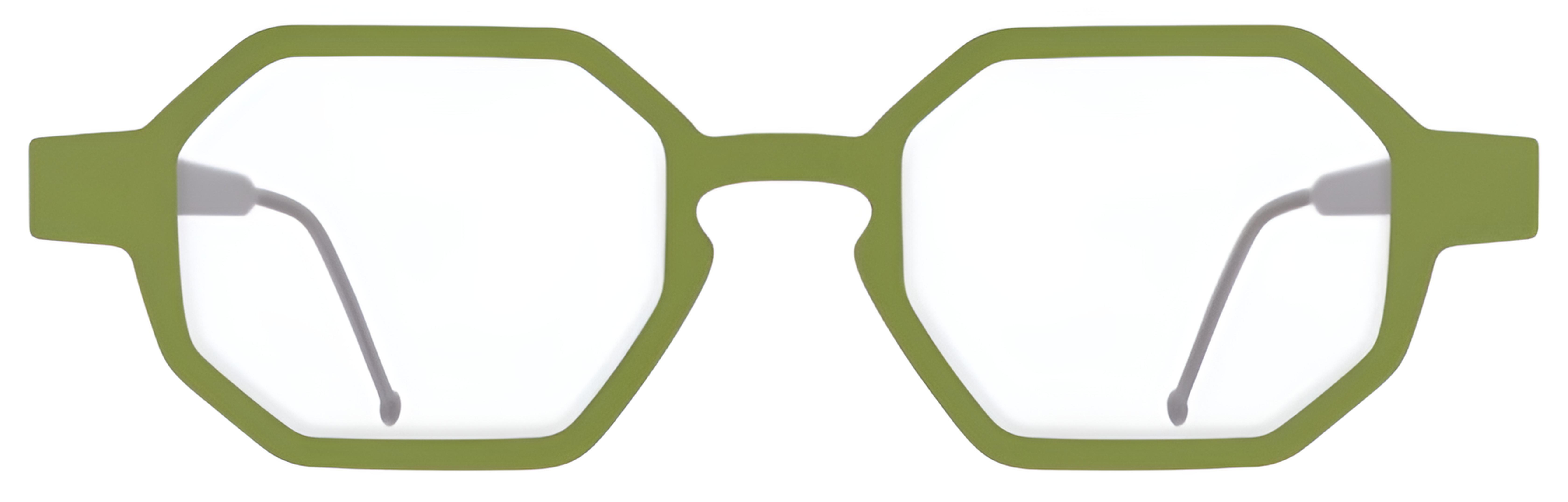 Olive green octagonal layered birch frame with angular rims, a keyhole bridge, and slim metal temples.