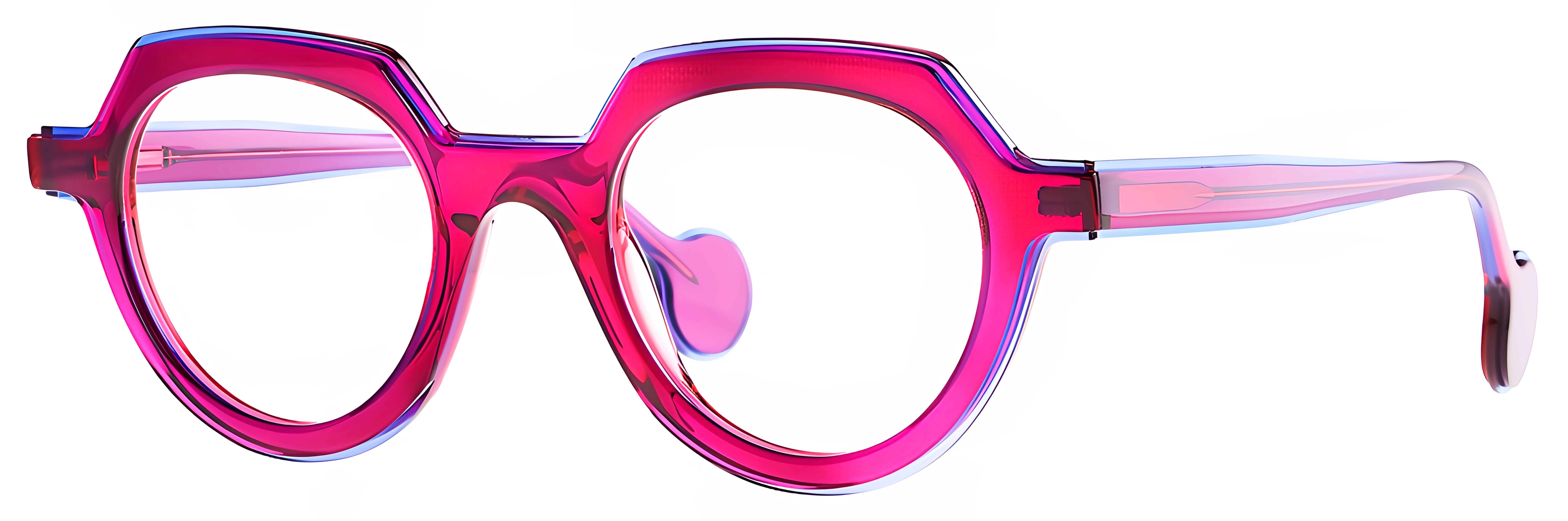 Panto acetate eyeglasses in vivid red-pink with transparent blue edging and softly faceted upper rims.