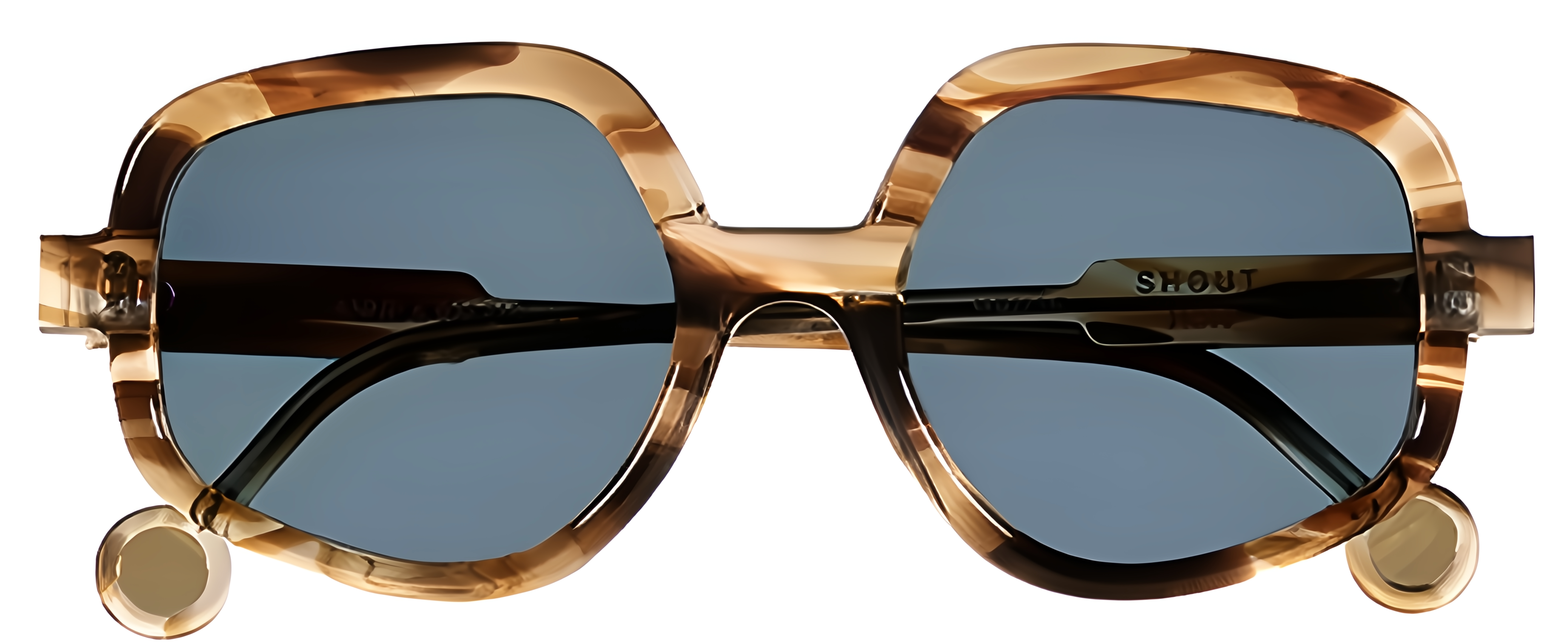 Champagne-taupe acetate sunglasses with blue-gray lenses, oversized irregular rims, saddle bridge, and circular accents.