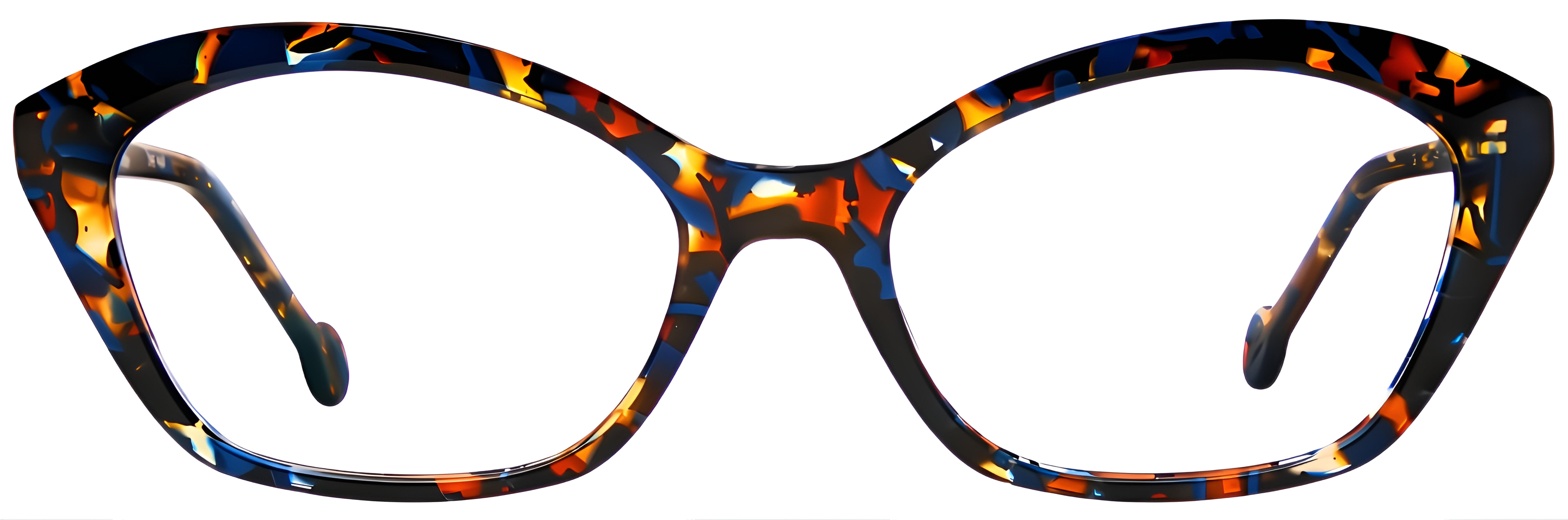 Butterfly acetate glasses with black, amber, orange, blue, and cream mottled patterning.