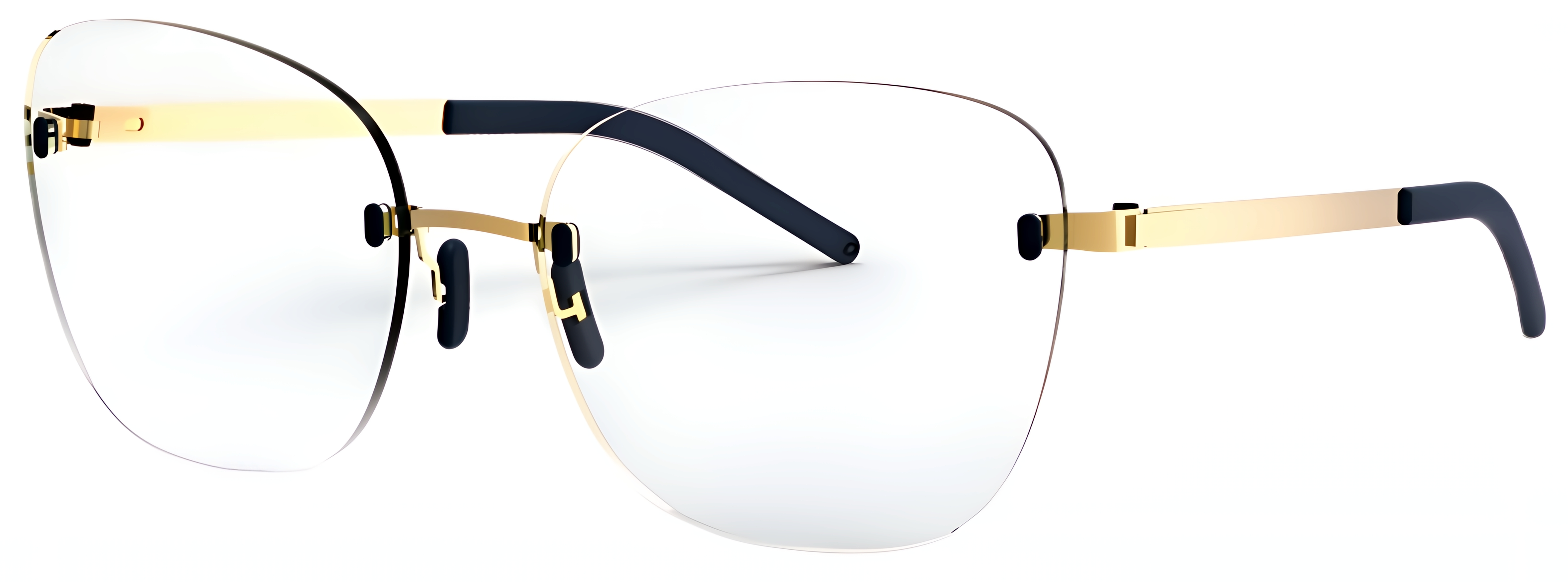 Rimless soft square glasses with lifted outer corners, slim metal details, nose pads, and minimal bridge design.