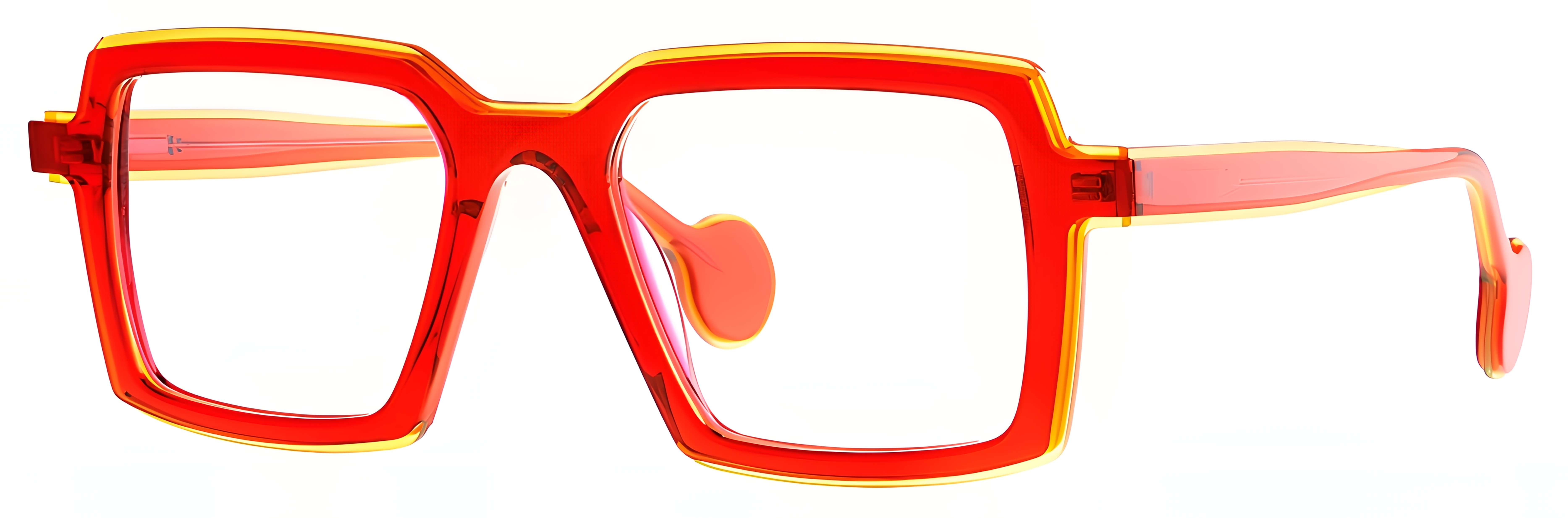 Rectangular orange-yellow acetate eyeglasses with translucent layered color and glowing edges.