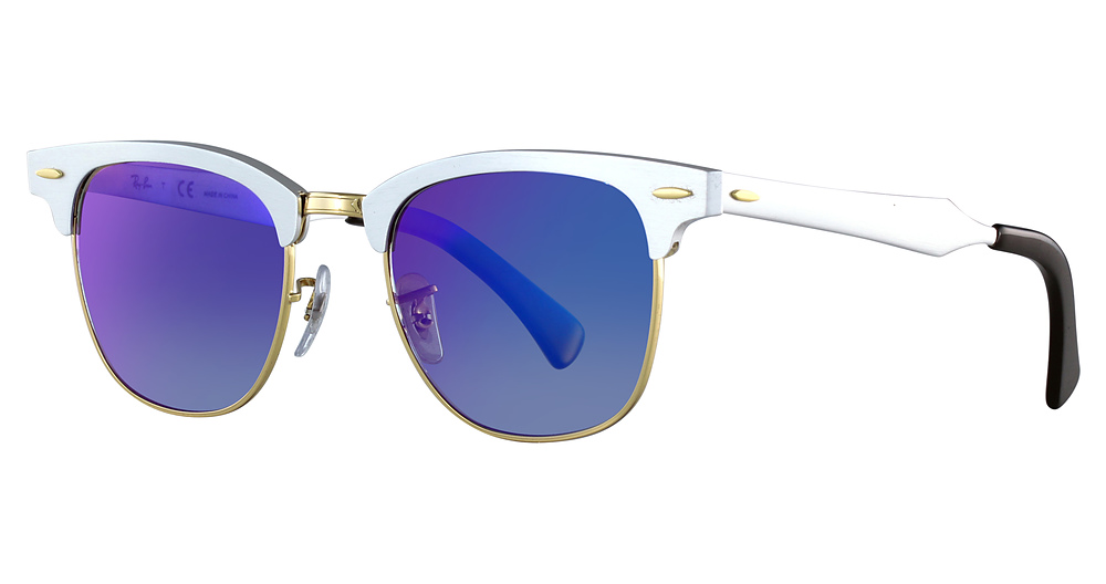 Ray-Ban RB3507 CLUBMASTER ALUMINUM round sunglasses in Brushed Silver/Blue Flash Gradient