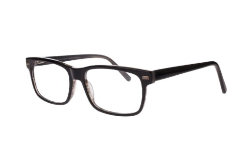 Black acetate rectangular optical frames with rounded corners, front and side view