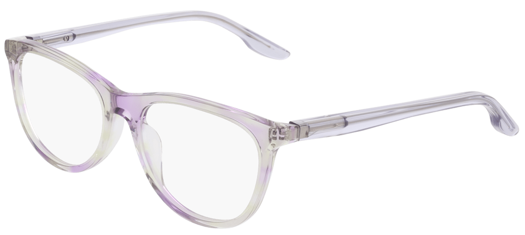 Lilac translucent acetate cat-eye optical frames for kids with subtle green havana accents