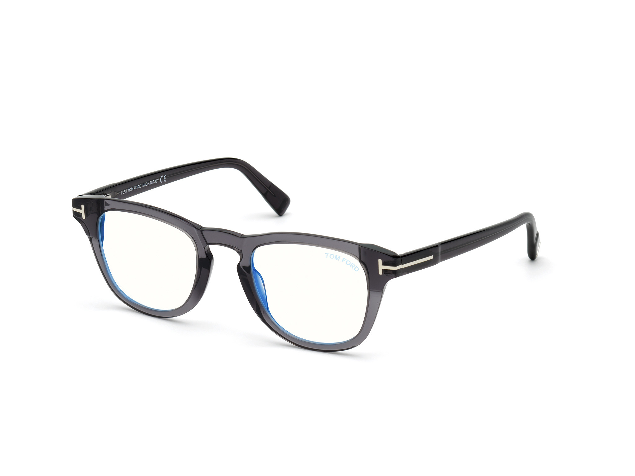 Tom Ford FT5660-B round eyeglasses in Shiny Transparent Grey/Blue Block Lenses